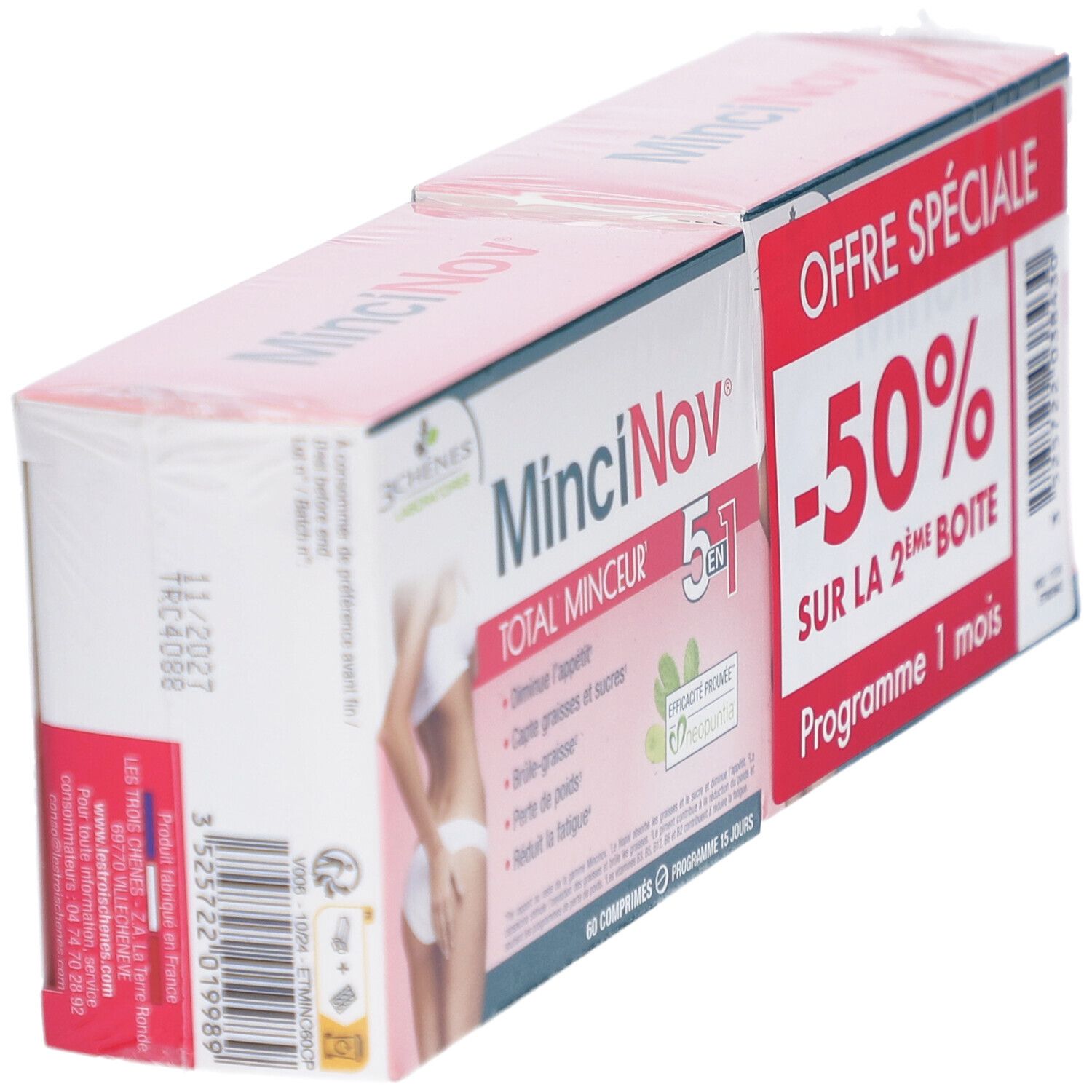 Deux boîtes Mincinov Total Minceur 5 en 1, en biais. Une affiche "-50% sur la 2ème boîte".