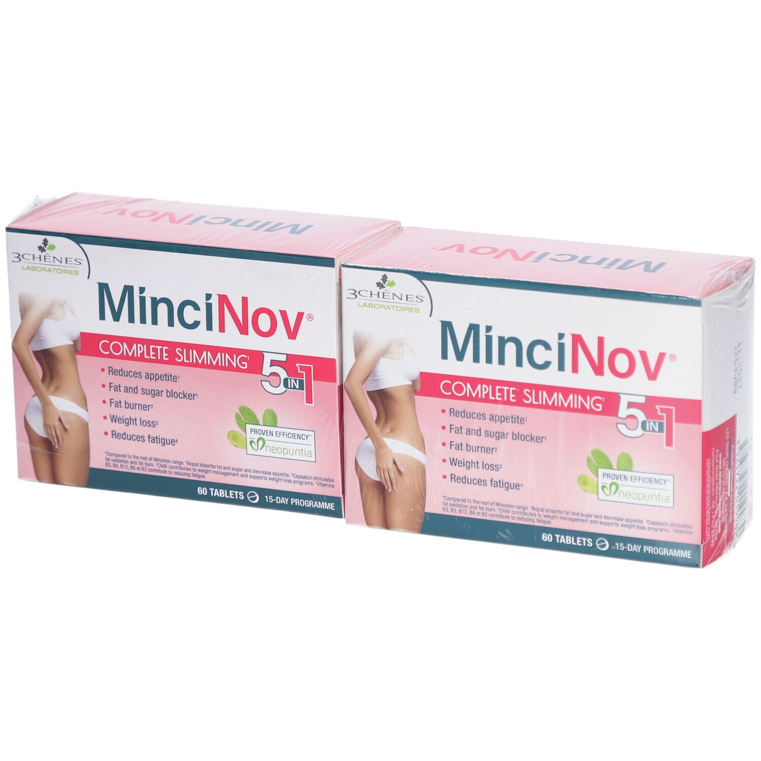 Deux boîtes de Mincinov Complete Summing 5 en 1. Chaque boîte présente une femme.