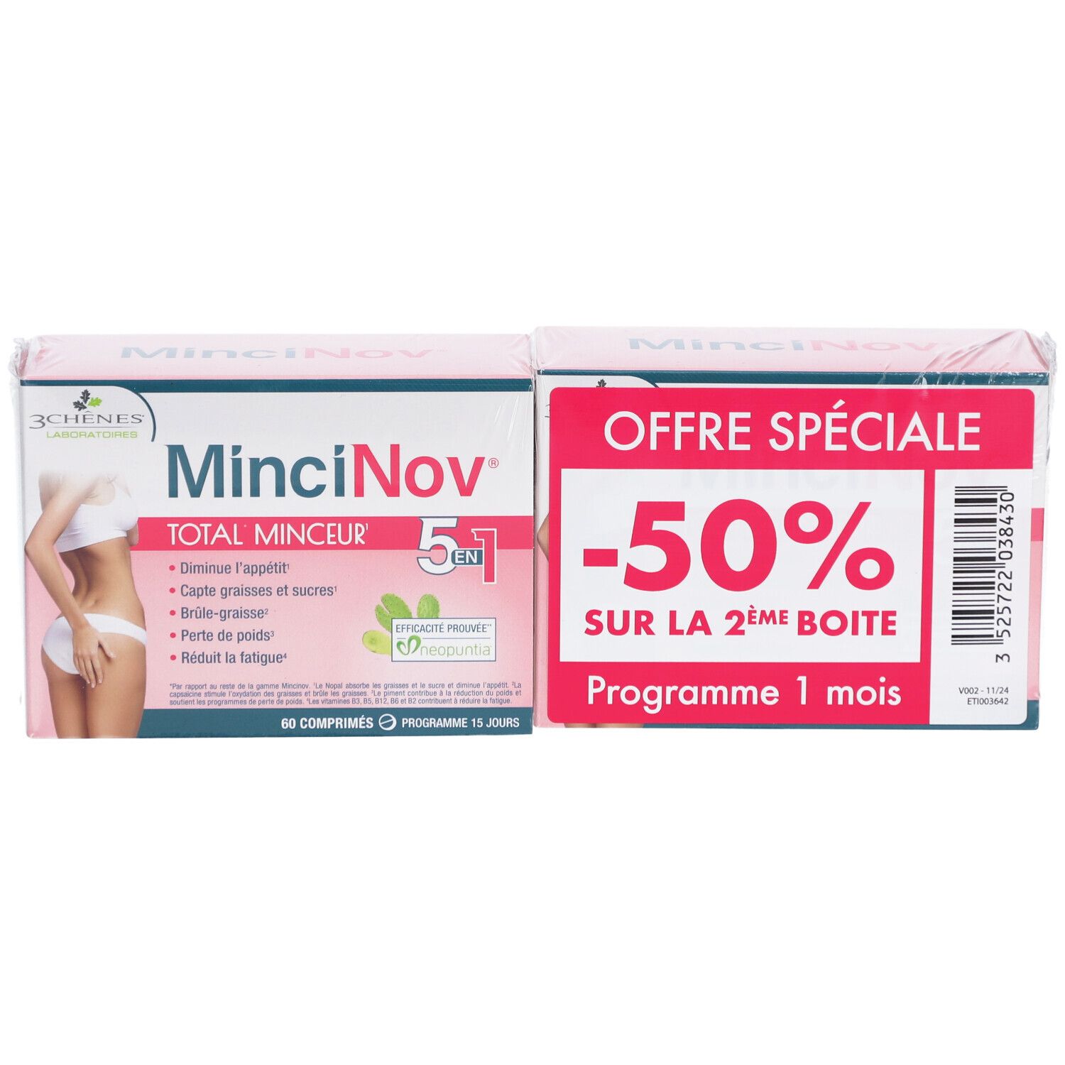 Deux boîtes de Mincinov Total Minceur 5 en 1. Une affiche "-50% sur la 2ème boîte".