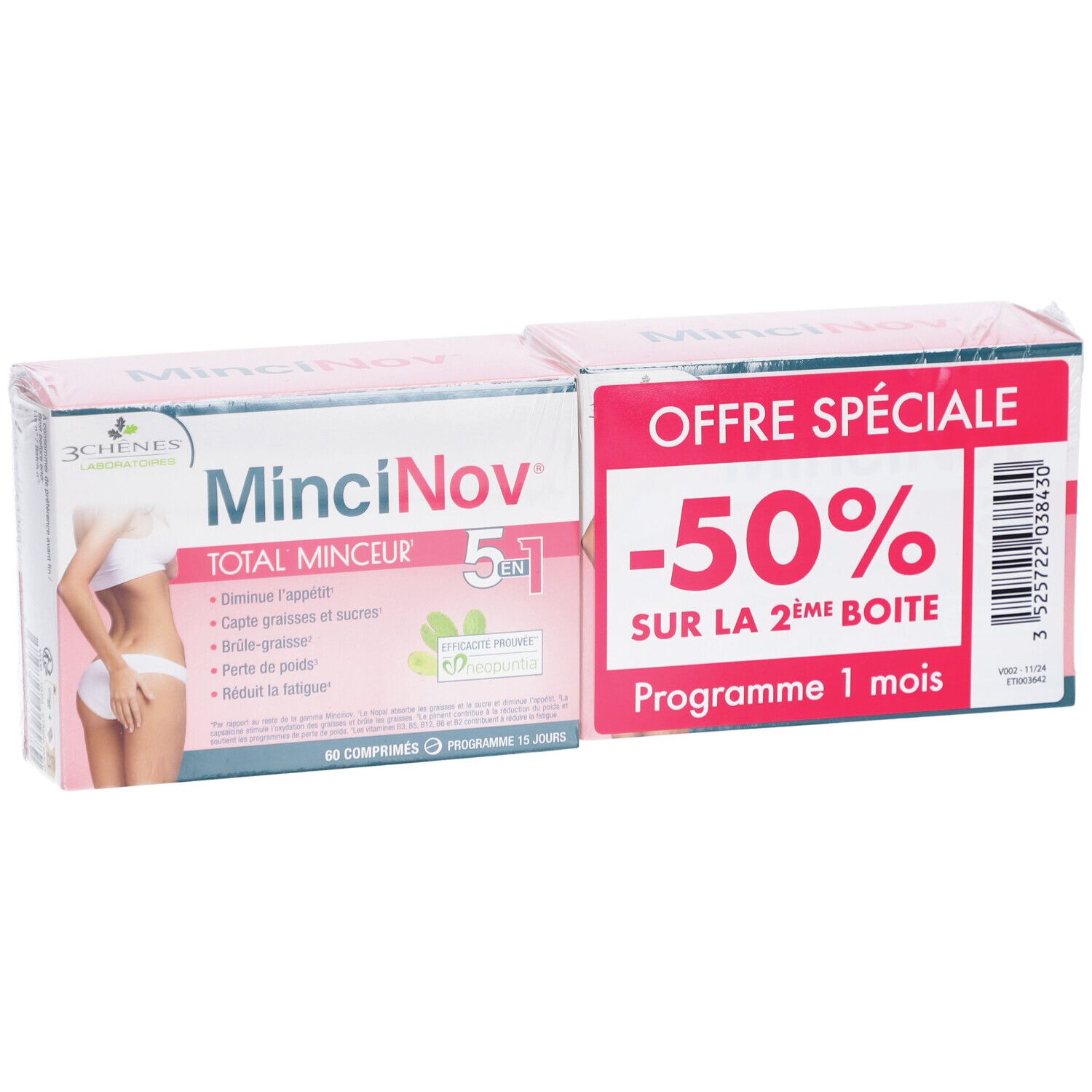Deux boîtes de Mincinov Total Minceur 5 en 1. Une affiche "-50% sur la 2ème boîte".