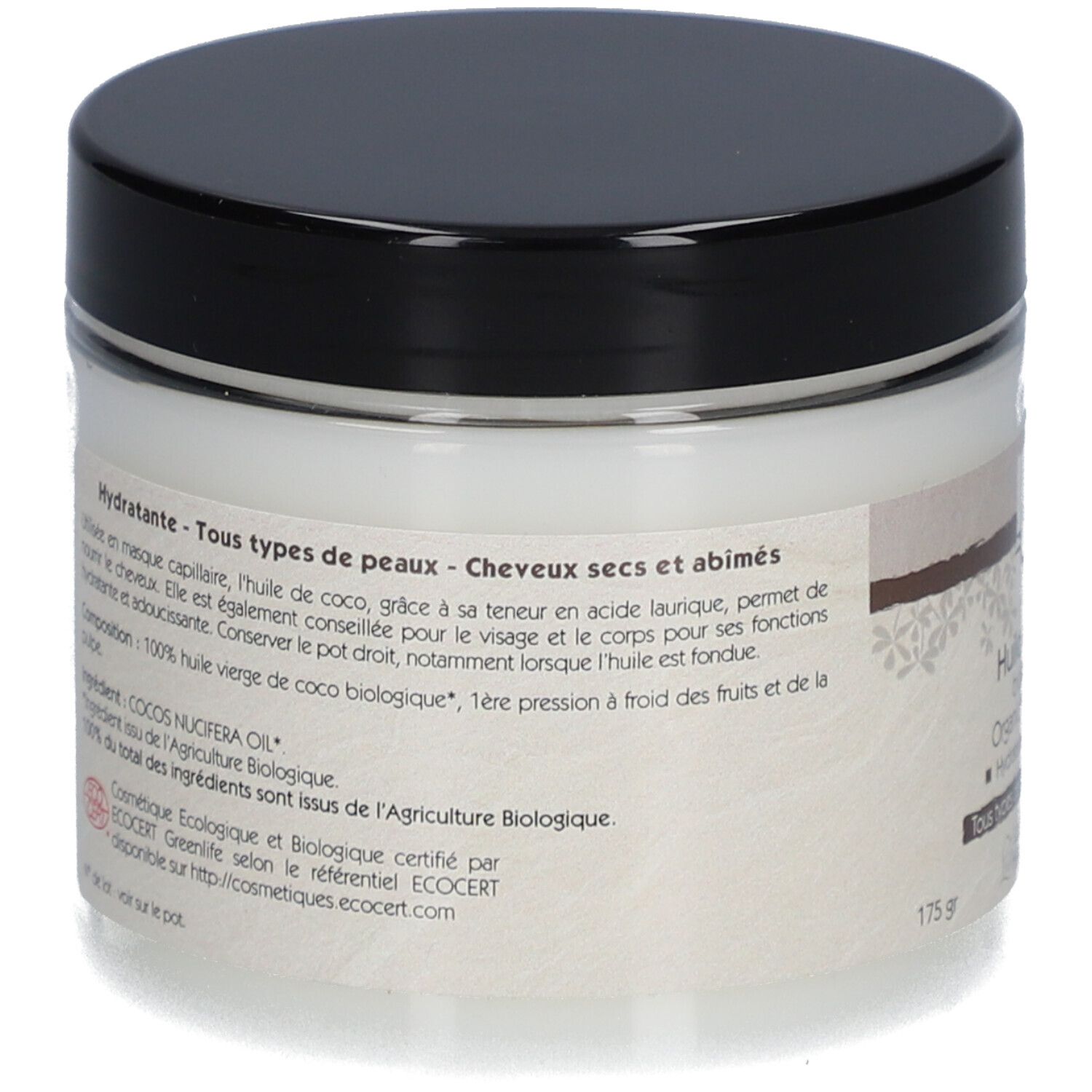 Rückseite des Kokosöl-Glases. Schwarzer Deckel, weißes Etikett mit Produktinformationen. Text über Inhaltsstoffe und Anwendung.