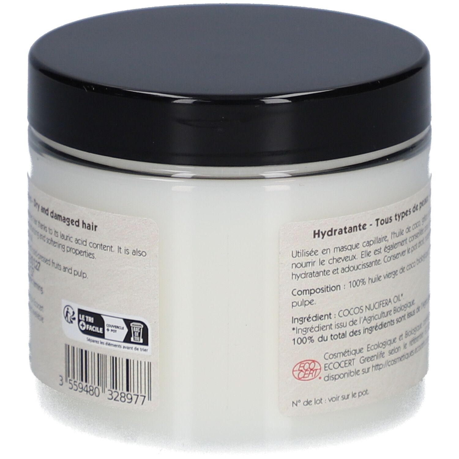 Rückseite des Kokosöl-Glases. Schwarzer Deckel, weißes Etikett mit Produktinformationen. Text über Inhaltsstoffe und Anwendung.