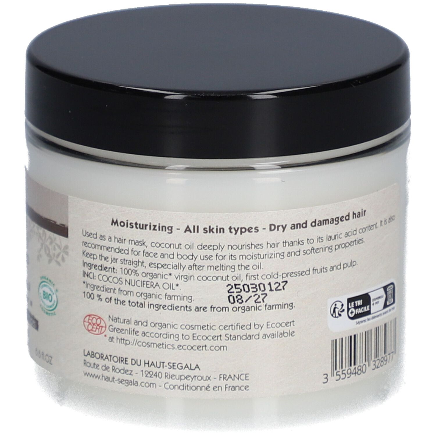 Rückseite des Kokosöl-Glases. Schwarzer Deckel, weißes Etikett mit Produktinformationen. Text über Inhaltsstoffe und Anwendung.