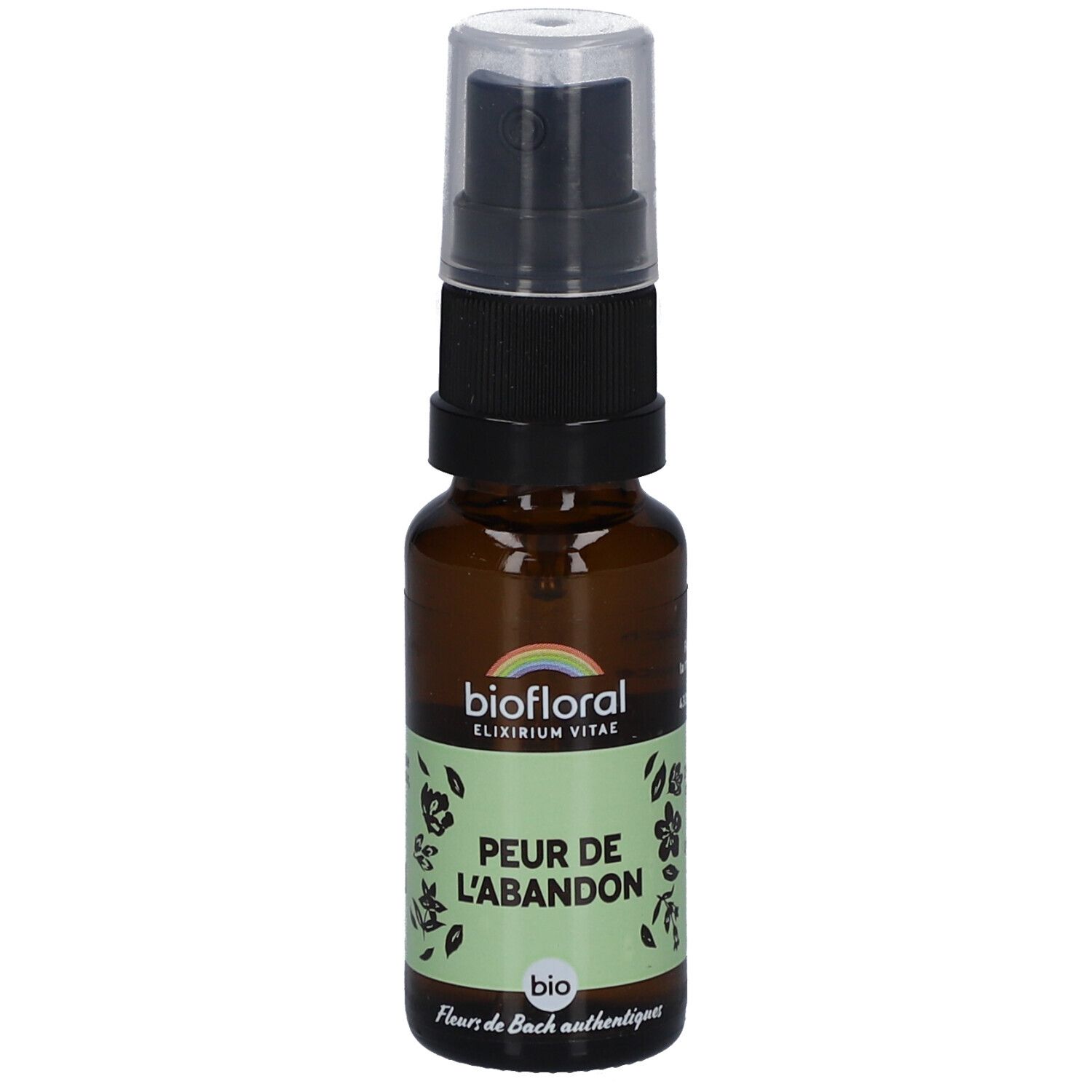 Braune Glasflasche mit Sprühkopf. Etikett mit Text und Logo. BIOFLORAL, Peur de l'Abandon.