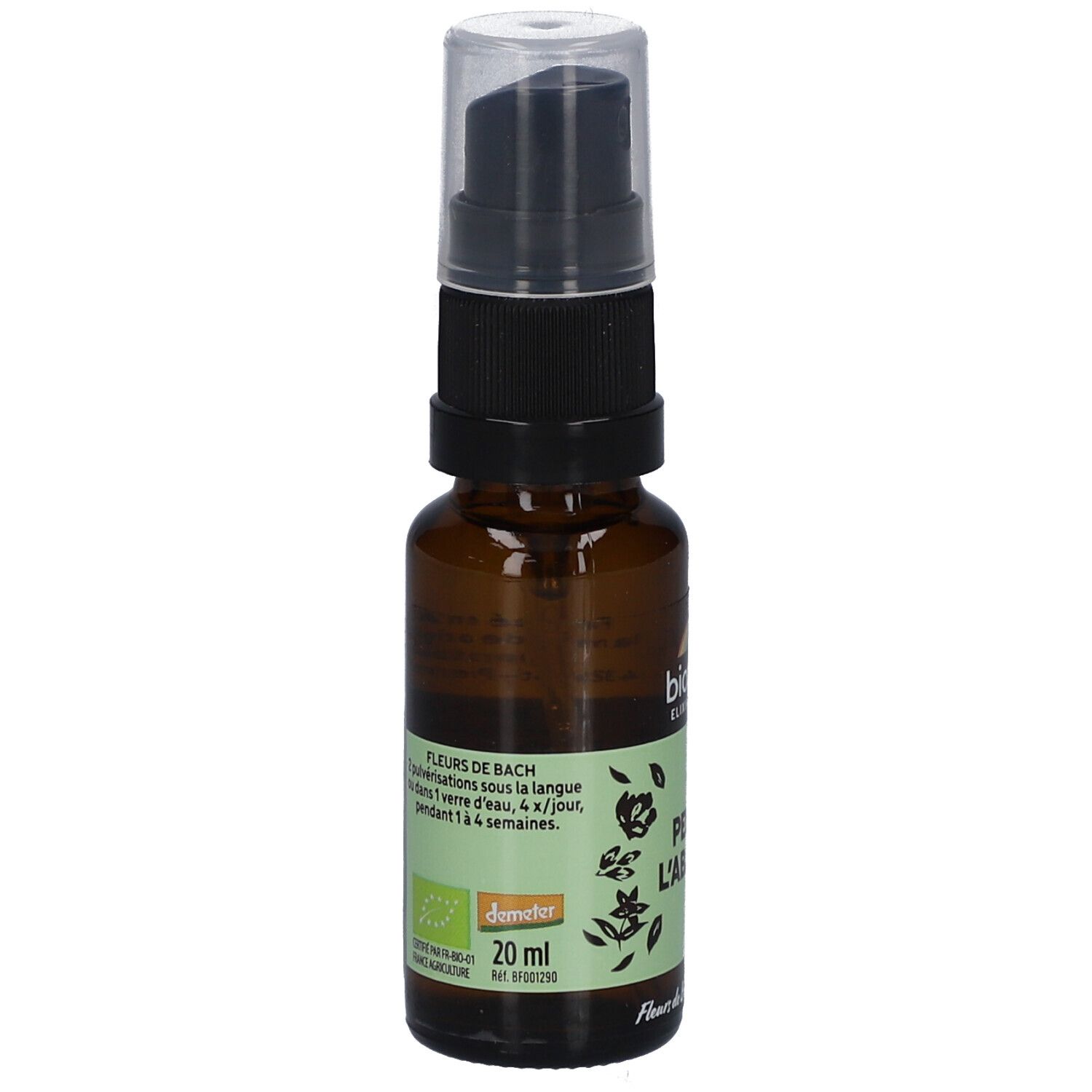 Braune Glasflasche mit Sprühkopf. Etikett mit Text und Logo. BIOFLORAL, Peur de l'Abandon. 20 ml.