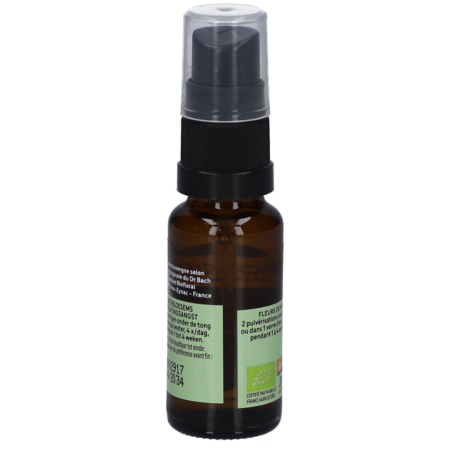 Braune Glasflasche mit Sprühkopf. Etikett mit Text und Logo. BIOFLORAL, Peur de l'Abandon. Demeter.