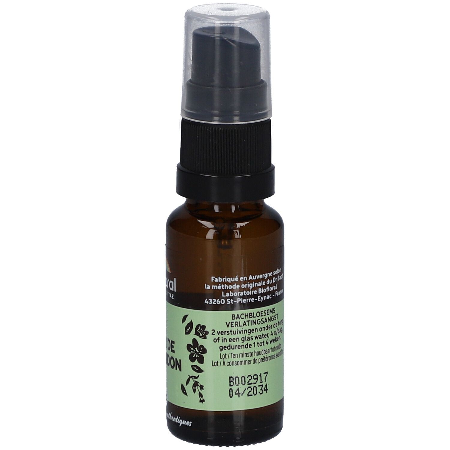 Braune Glasflasche mit Sprühkopf. Etikett mit Text und Logo. BIOFLORAL, Peur de l'Abandon. Haltbarkeit.