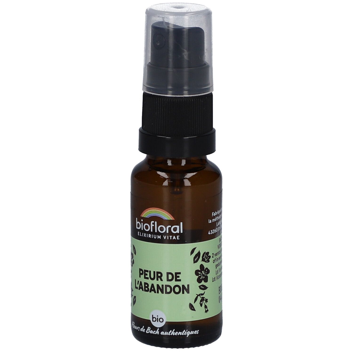 Braune Glasflasche mit Sprühkopf. Etikett mit Text und Logo. BIOFLORAL, Peur de l'Abandon.