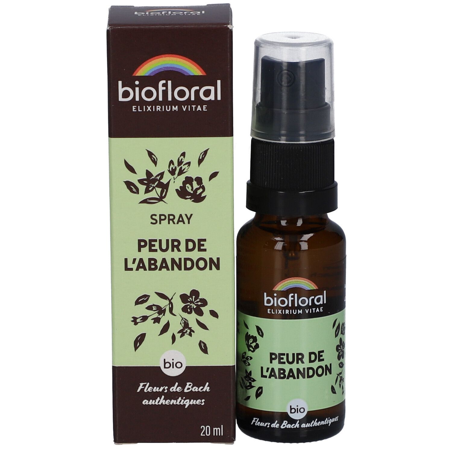 Produktflasche und Schachtel. BIOFLORAL, Peur de l'Abandon Spray. 20 ml. Braune Flasche mit Sprühkopf.