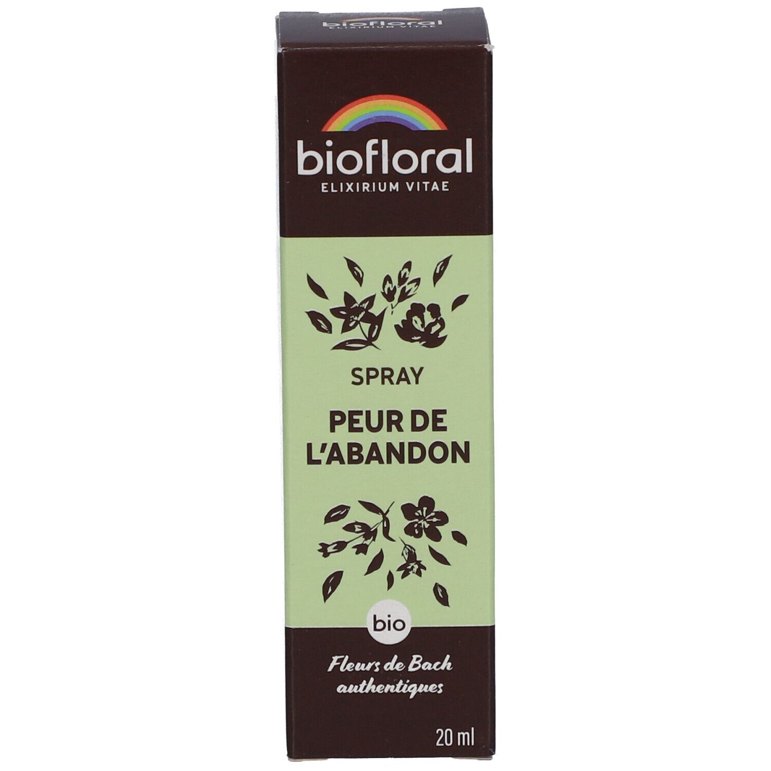 Produktverpackung. BIOFLORAL, Peur de l'Abandon Spray. 20 ml. Braune Schachtel mit Logo.