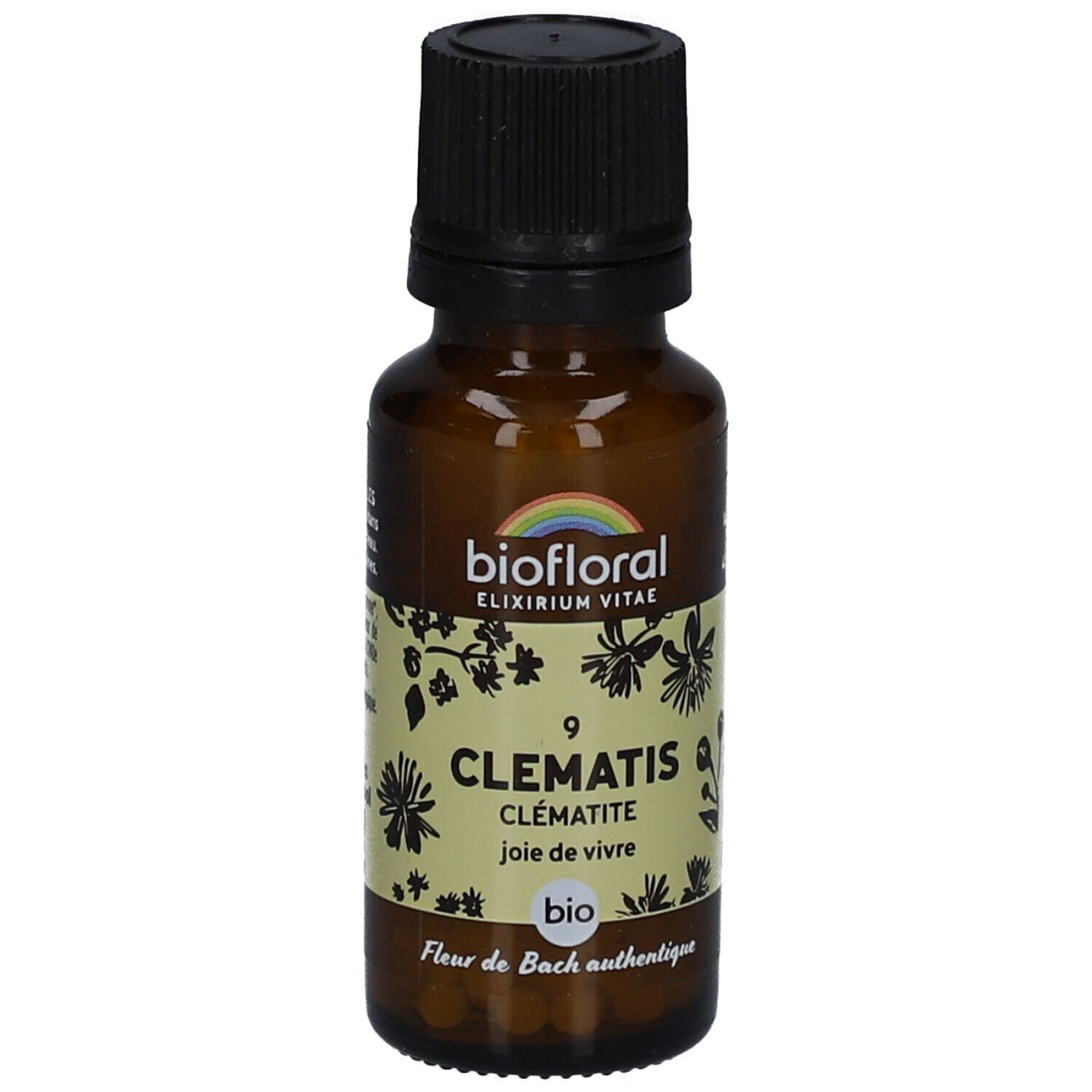 Flacon en verre brun avec bouchon noir. Étiquette "BIOFLORAL", "Clématis", "joie de vivre" et "bio".