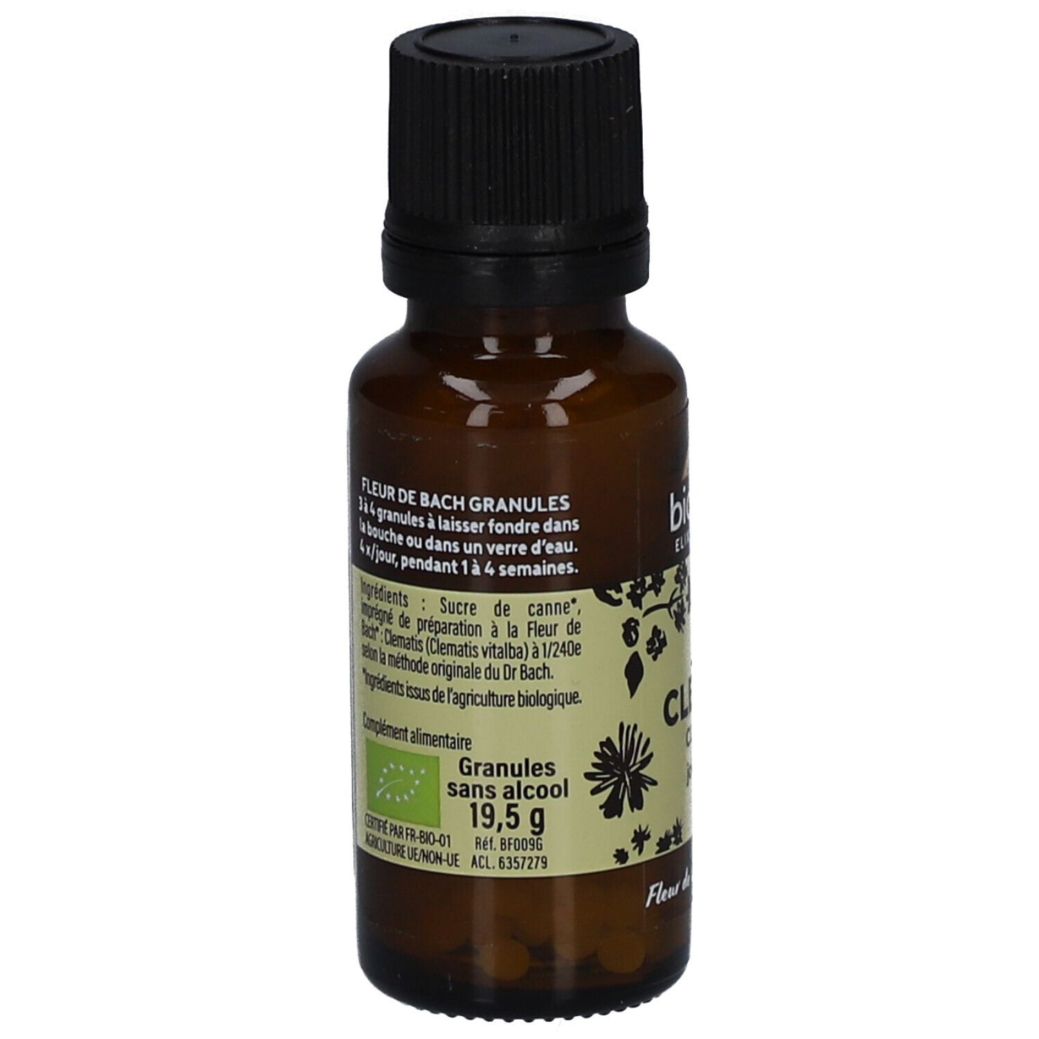 Flacon en verre brun avec bouchon noir. Étiquette avec texte, dont "Fleur de Bach Granules", "sans alcool", et ingrédients.