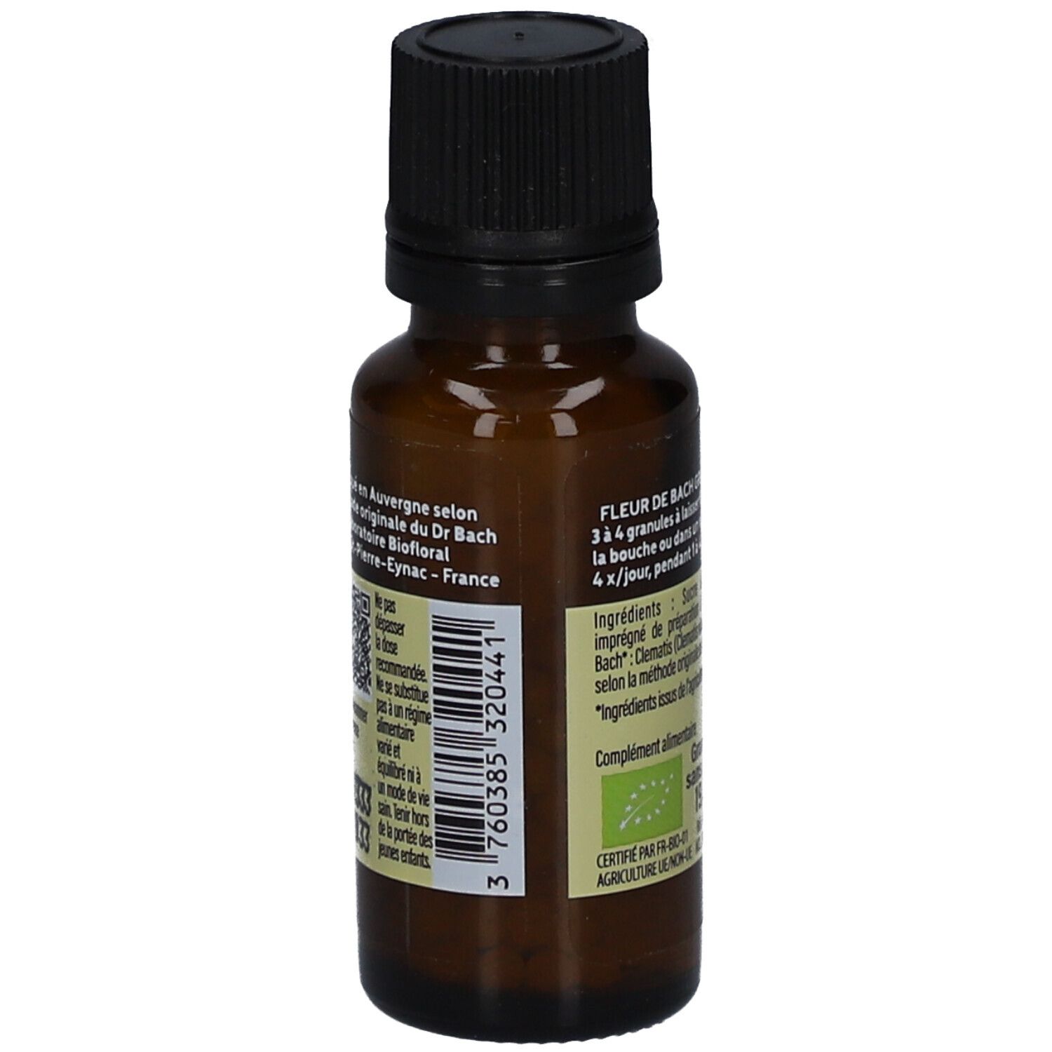 Flacon en verre brun avec bouchon noir. Étiquette avec texte, dont "Fleur de Bach", "BIOFLORAL", et code-barres.