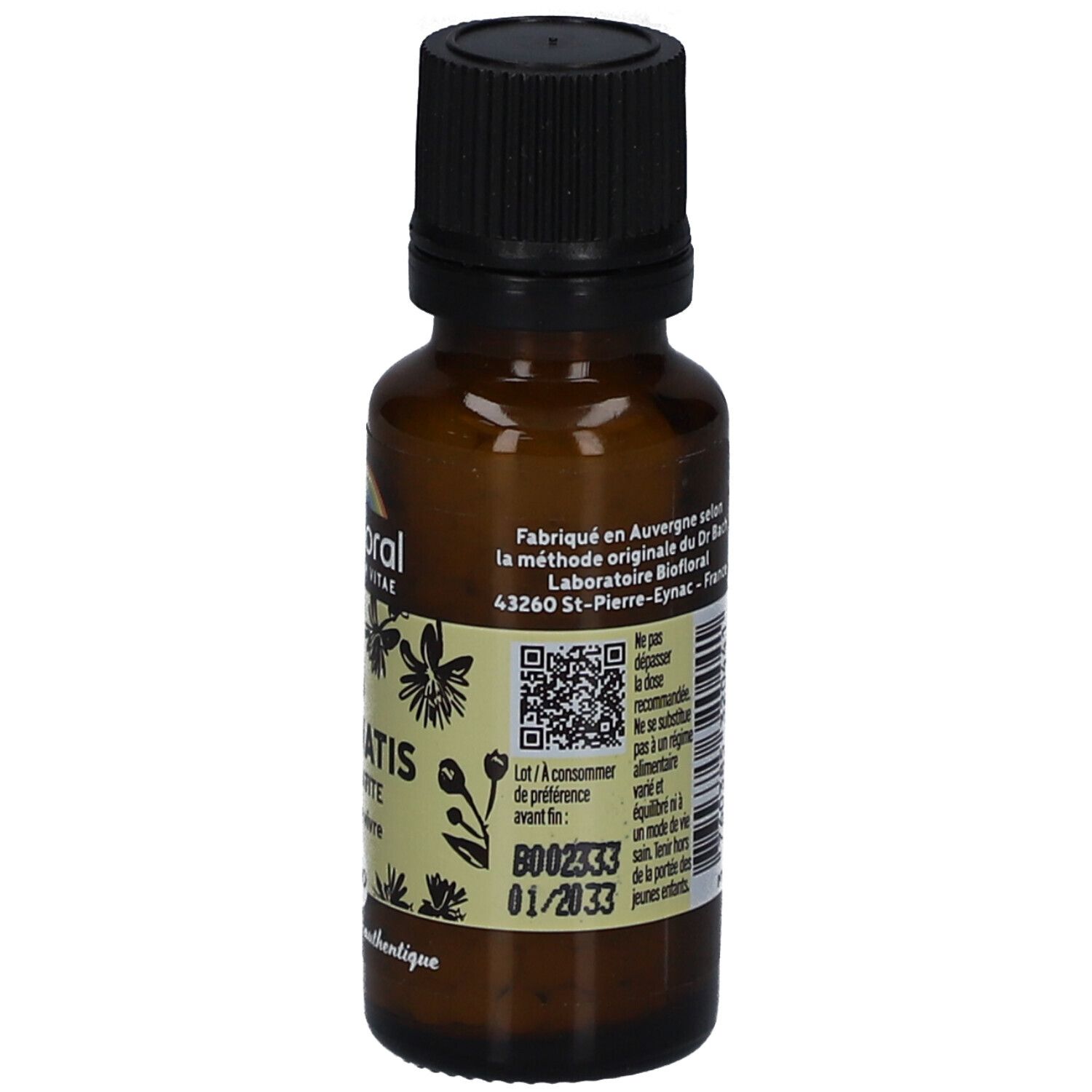 Flacon en verre brun avec bouchon noir. Étiquette avec texte, dont "BIOFLORAL", "Clématis", et code QR.