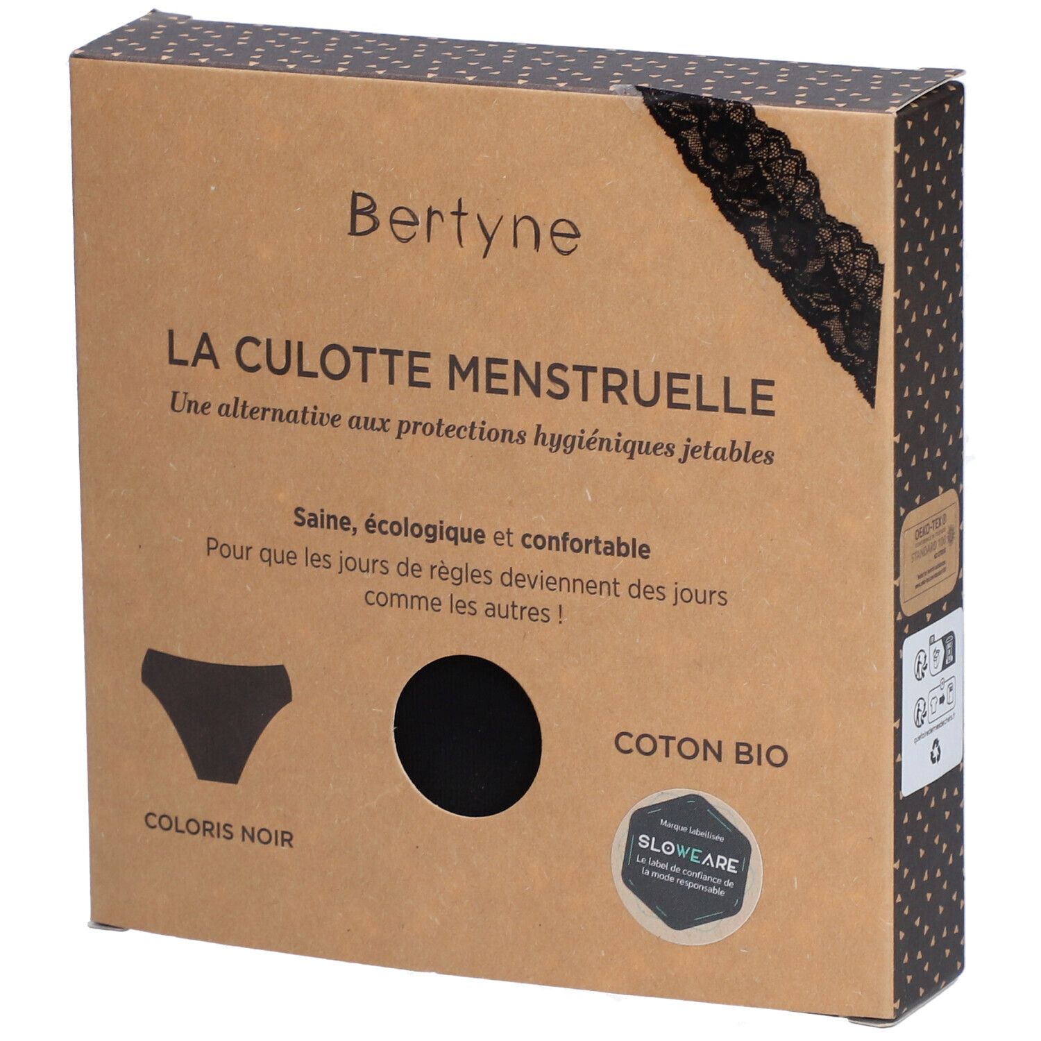 Verpackung BERTYNE La Culotte Menstruelle. Schwarze Unterhose, Bio-Baumwolle. Aufschrift: LA CULOTTE MENSTRUELLE. Mit Spitze.