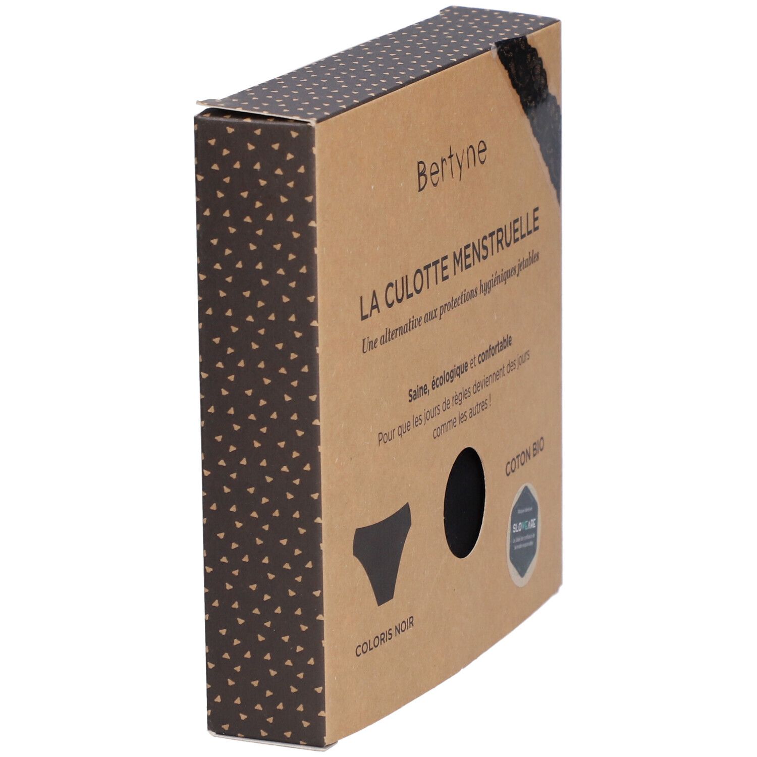 Seitenansicht der Verpackung BERTYNE La Culotte Menstruelle. Schwarze Unterhose, Bio-Baumwolle. Mit Spitze.