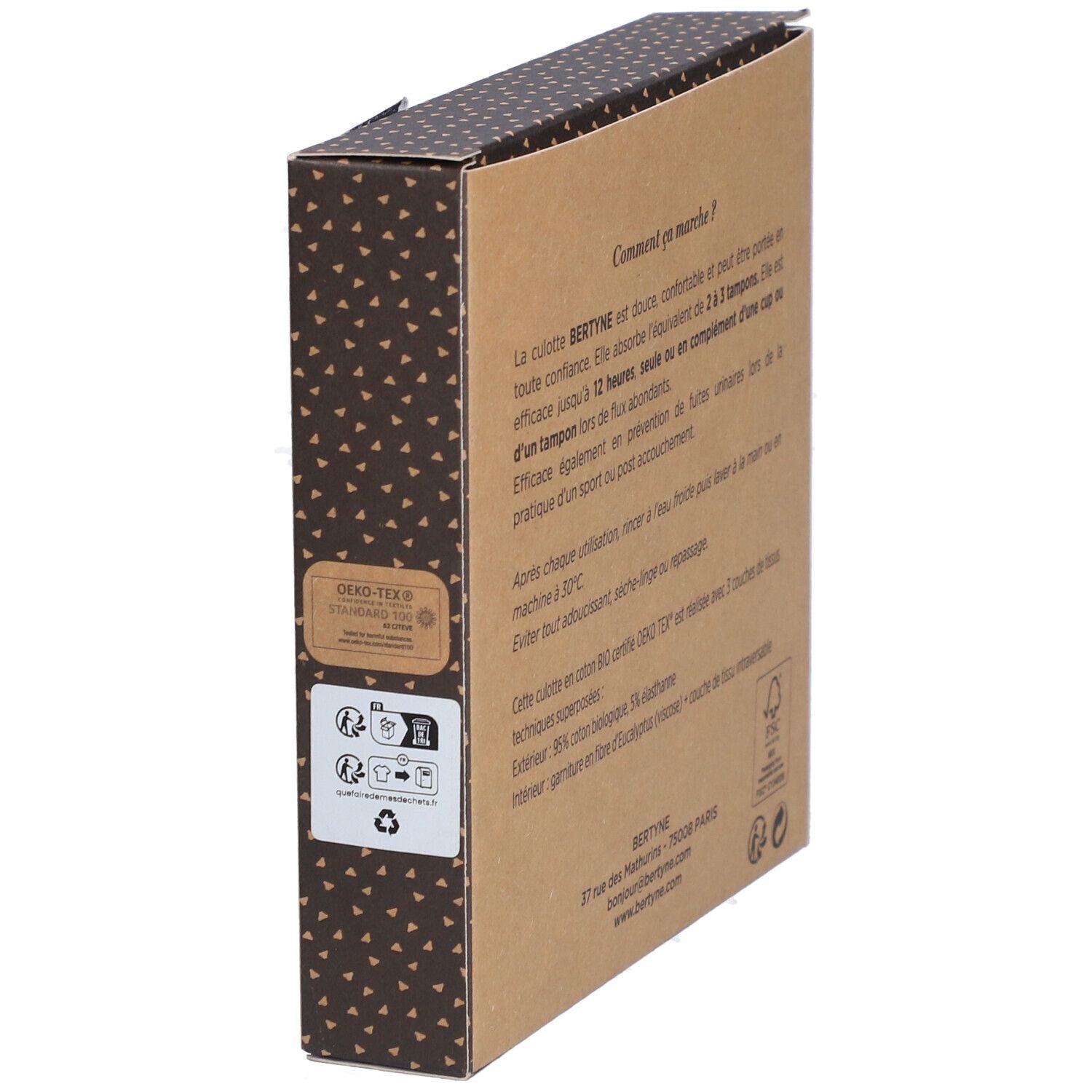 Rückseite der Verpackung BERTYNE La Culotte Menstruelle. Text und Waschsymbole. Mit Öko-Tex-Zertifizierung.