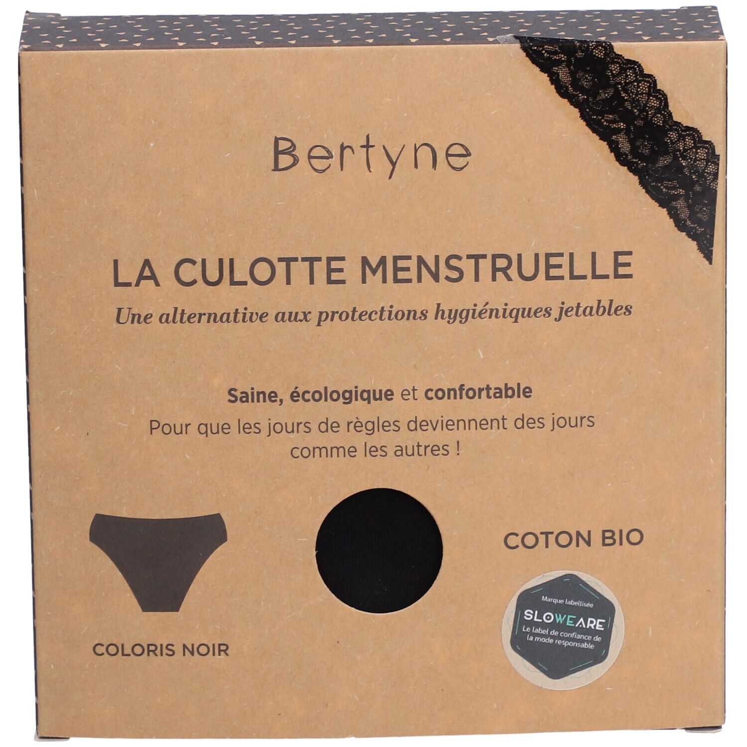 Verpackung BERTYNE La Culotte Menstruelle. Schwarze Unterhose, Bio-Baumwolle. Aufschrift: LA CULOTTE MENSTRUELLE. Mit Spitze.