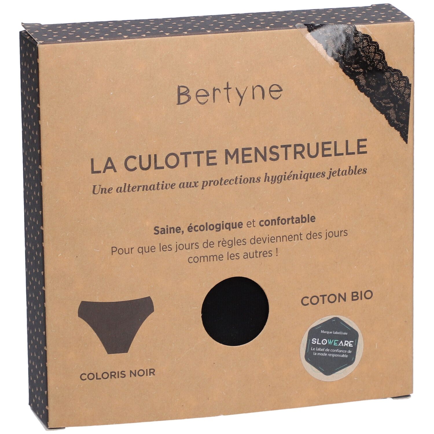 Verpackung BERTYNE La Culotte Menstruelle. Schwarze Unterhose, Bio-Baumwolle. Aufschrift: LA CULOTTE MENSTRUELLE. Mit Spitze.