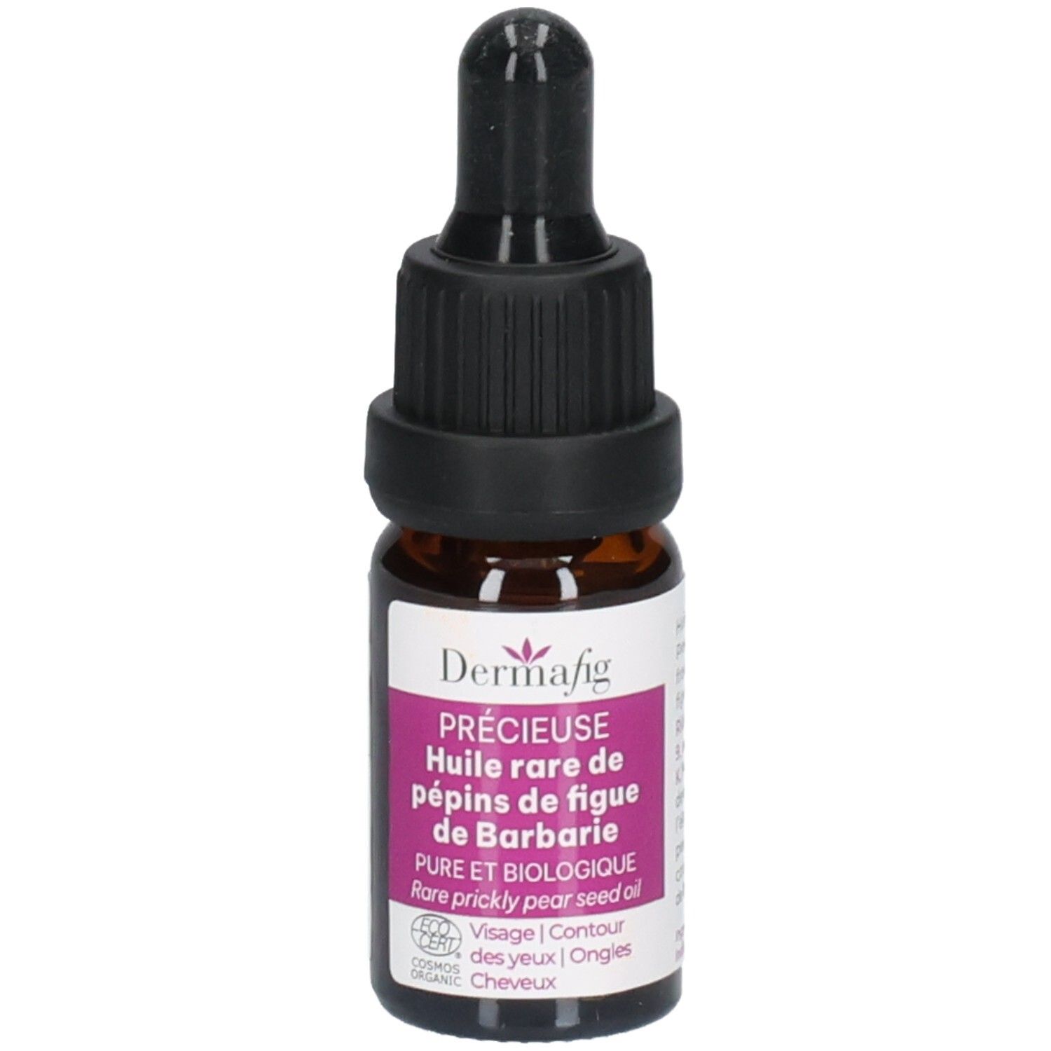 Braune Glasflasche mit Pipettenverschluss. Enthält Dermafig Précieuse, seltene Bio-Feigenkernöl.