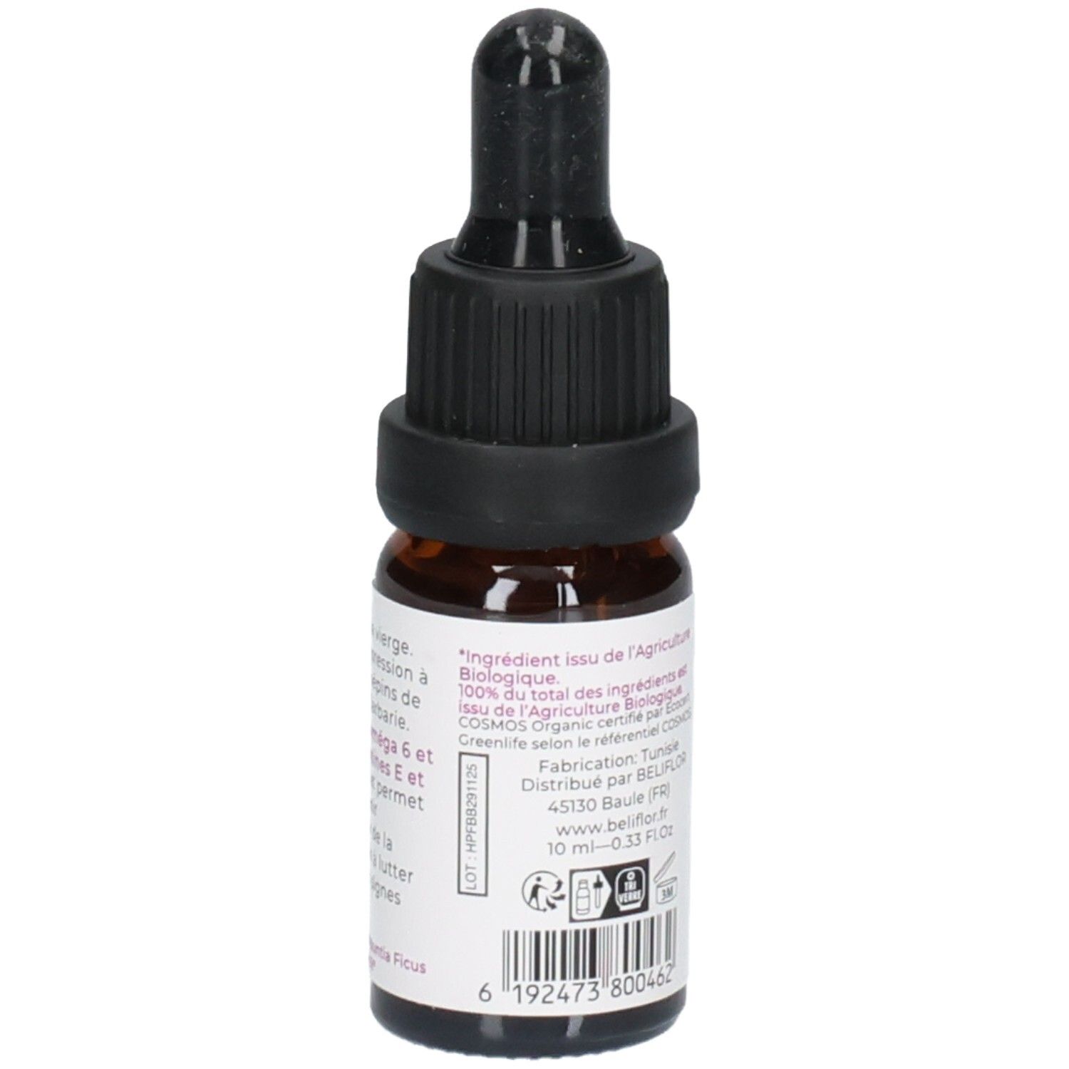 Rückseite einer braunen Glasflasche mit Pipette. Enthält Bio-Siegel, Chargennummer und Barcode.