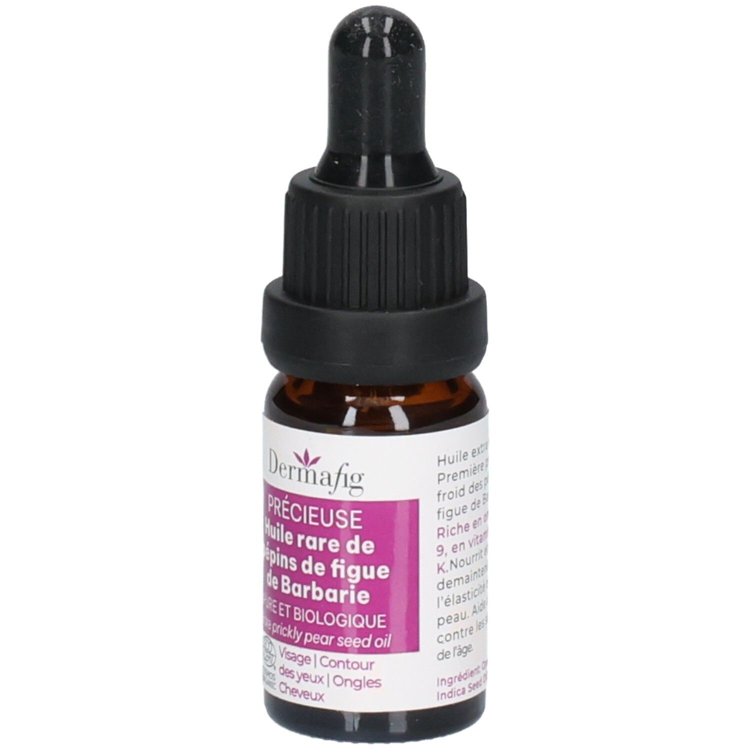 Braune Glasflasche mit Pipette. Vorderseite mit Etikett: Dermafig Précieuse, seltene Bio-Feigenkernöl.