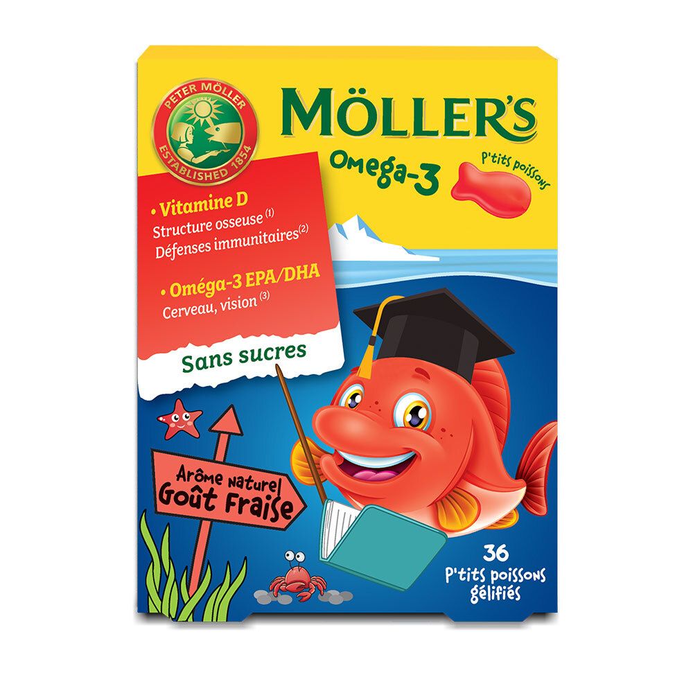 Verpackung von Möller's Omega-3. Gelbe Schachtel mit Fisch-Illustration und Produktinformationen. Enthält 36 Gummifische.