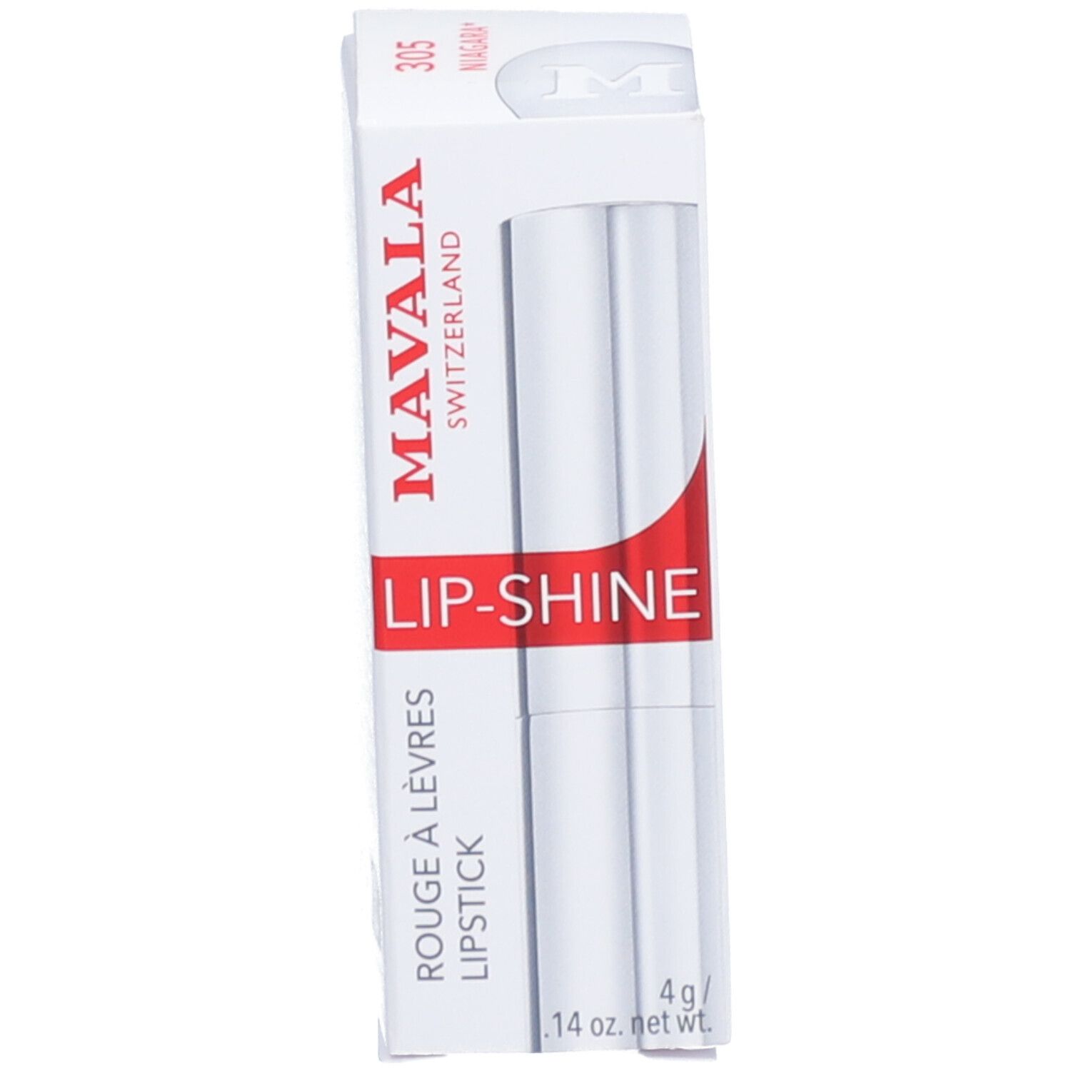 Emballage blanc avec accent rouge. Texte: MAVALA LIP-SHINE, 4 g/ .14 oz net wt.