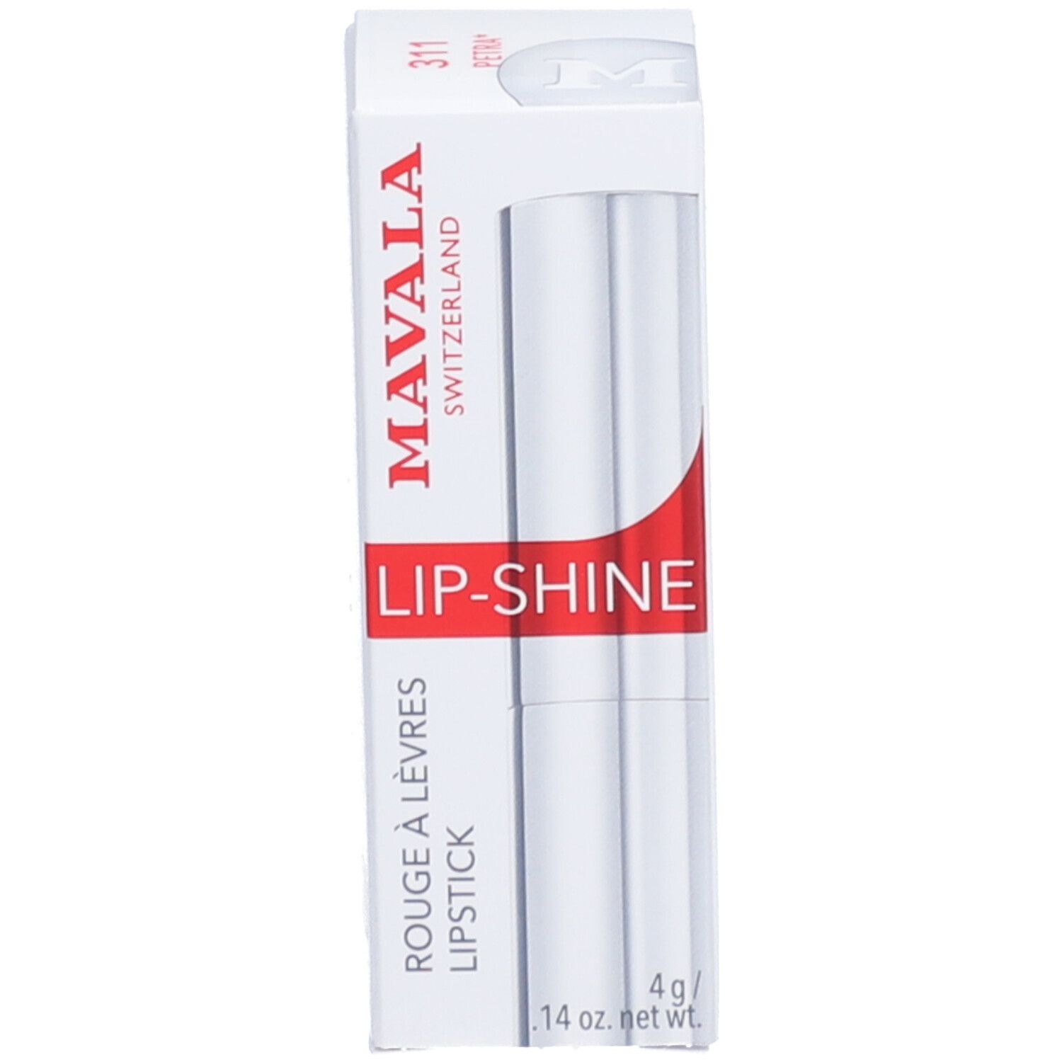 Boîte blanche avec rouge à lèvres. 'MAVALA LIP-SHINE' est écrit sur la boîte.