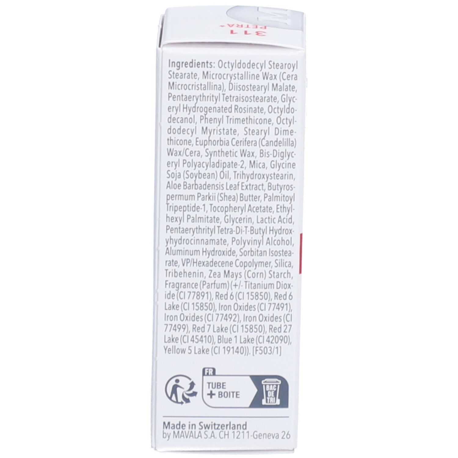 Dos de l'emballage blanc avec ingrédients et informations en plusieurs langues.