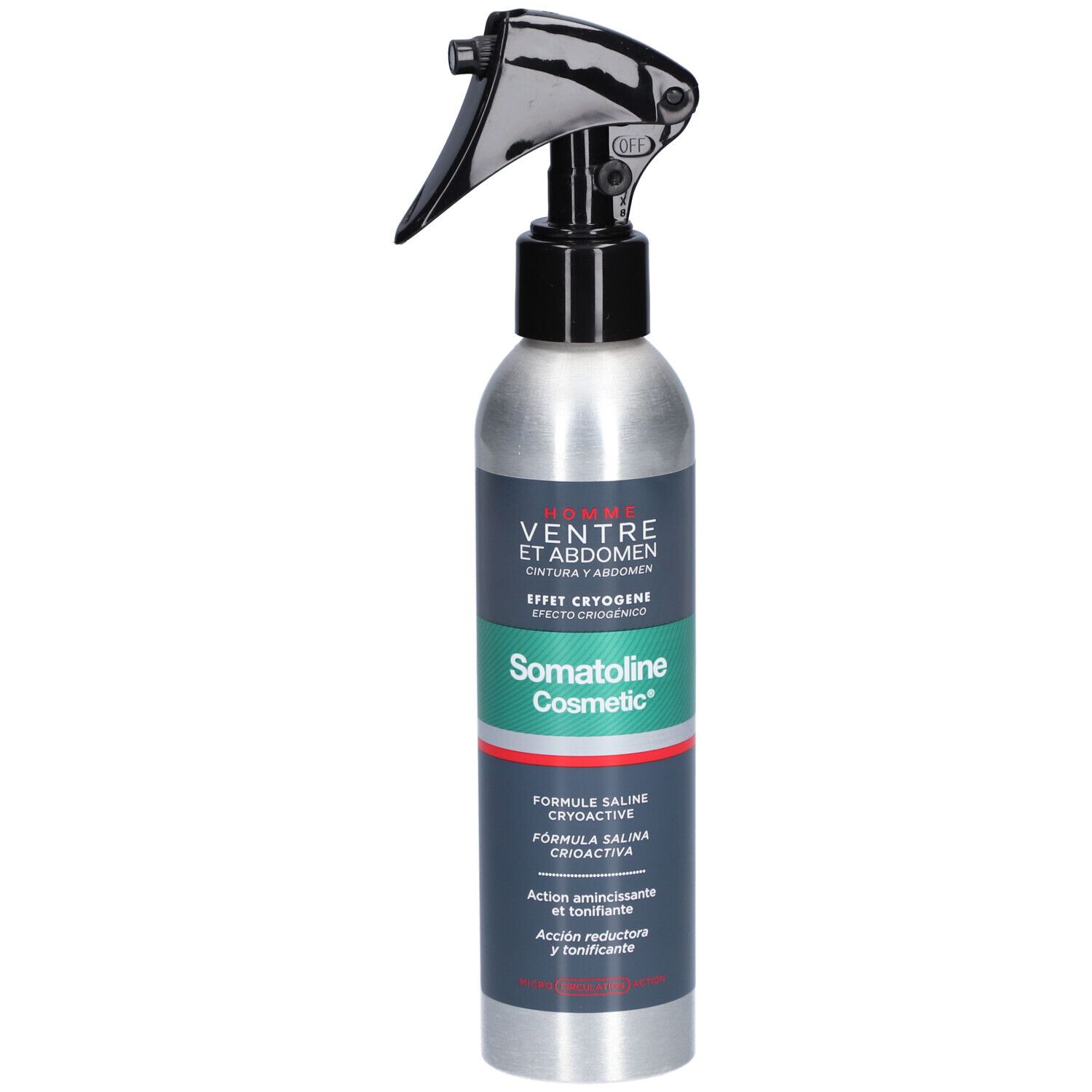 Kältespray-Flasche mit schwarzem Sprühkopf. Aufschrift: Somatoline Cosmetic HOMME Ventre et Abdomen.