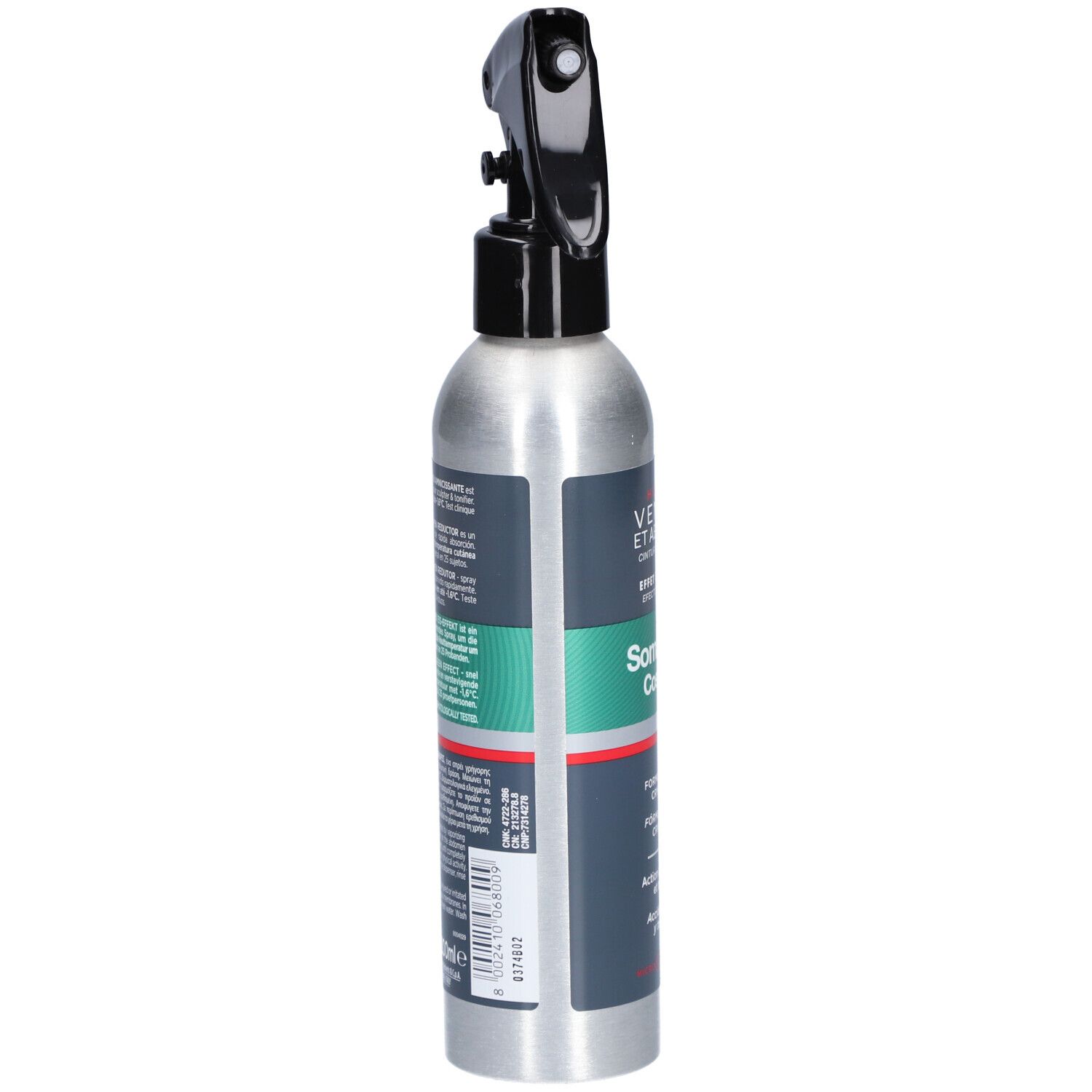 Kältespray-Flasche, Seitenansicht. Aufschrift: Somatoline Cosmetic. Details zur Zusammensetzung.