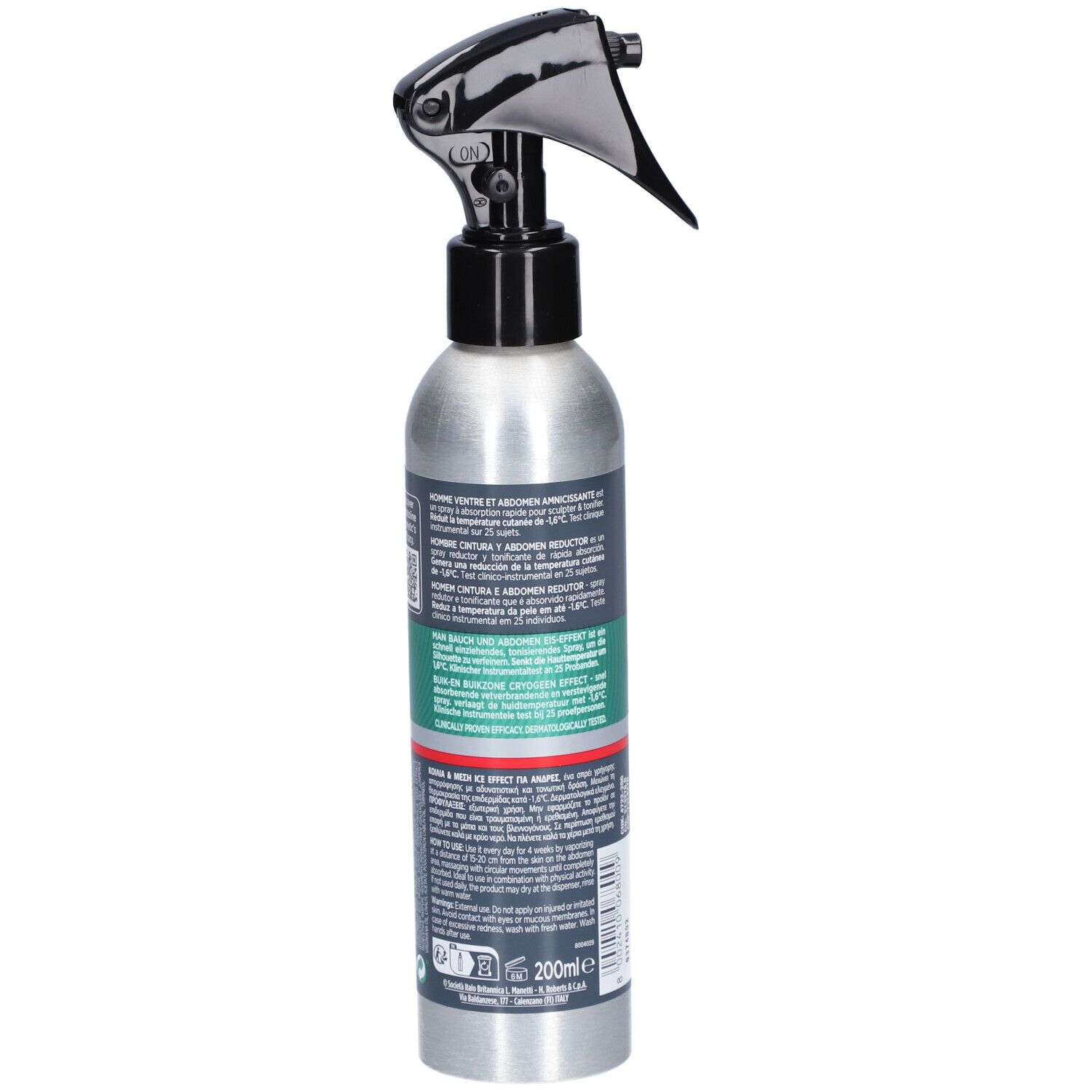 Kältespray-Flasche, Rückansicht. Textinformationen und Inhaltsstoffe. Volumen: 200ml.