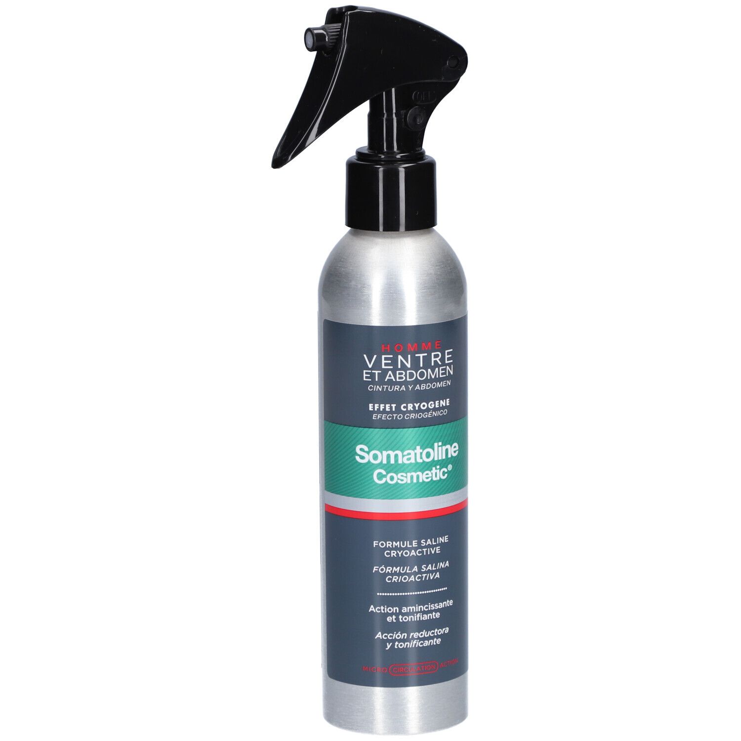 Kältespray-Flasche mit schwarzem Sprühkopf. Aufschrift: Somatoline Cosmetic HOMME Ventre et Abdomen.