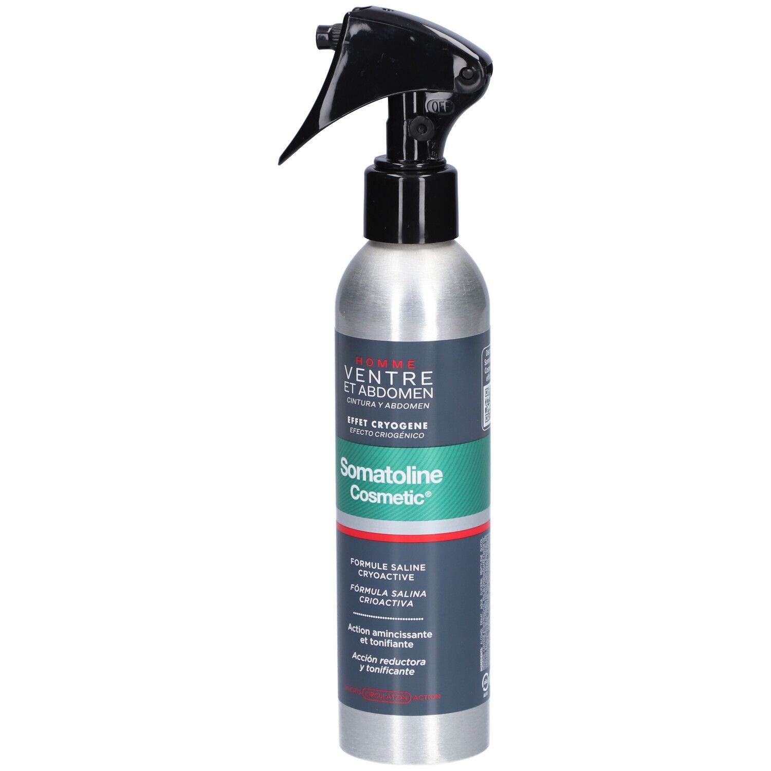 Kältespray-Flasche mit schwarzem Sprühkopf. Aufschrift: Somatoline Cosmetic HOMME Ventre et Abdomen.