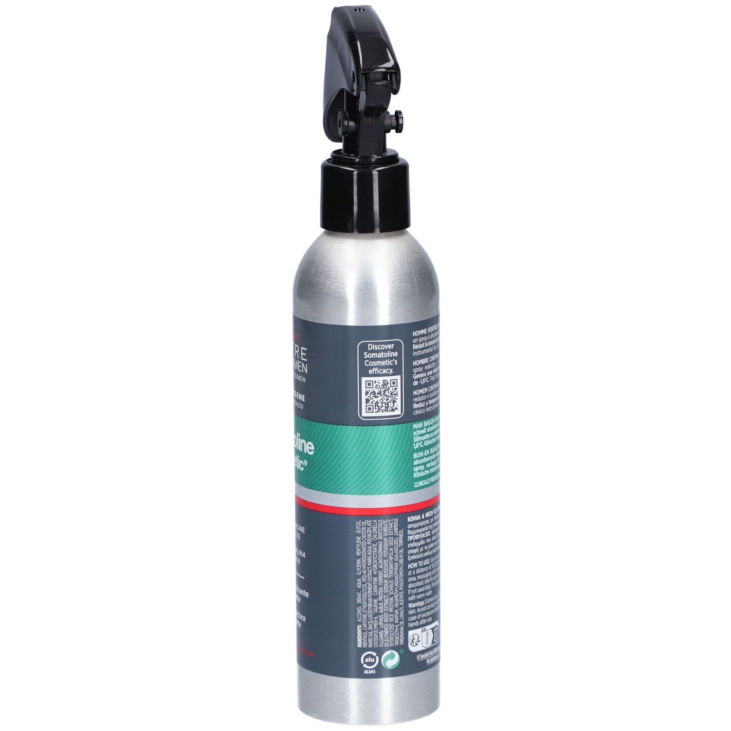 Kältespray-Flasche, Seitenansicht. Aufschrift: Somatoline Cosmetic. QR-Code und Text.