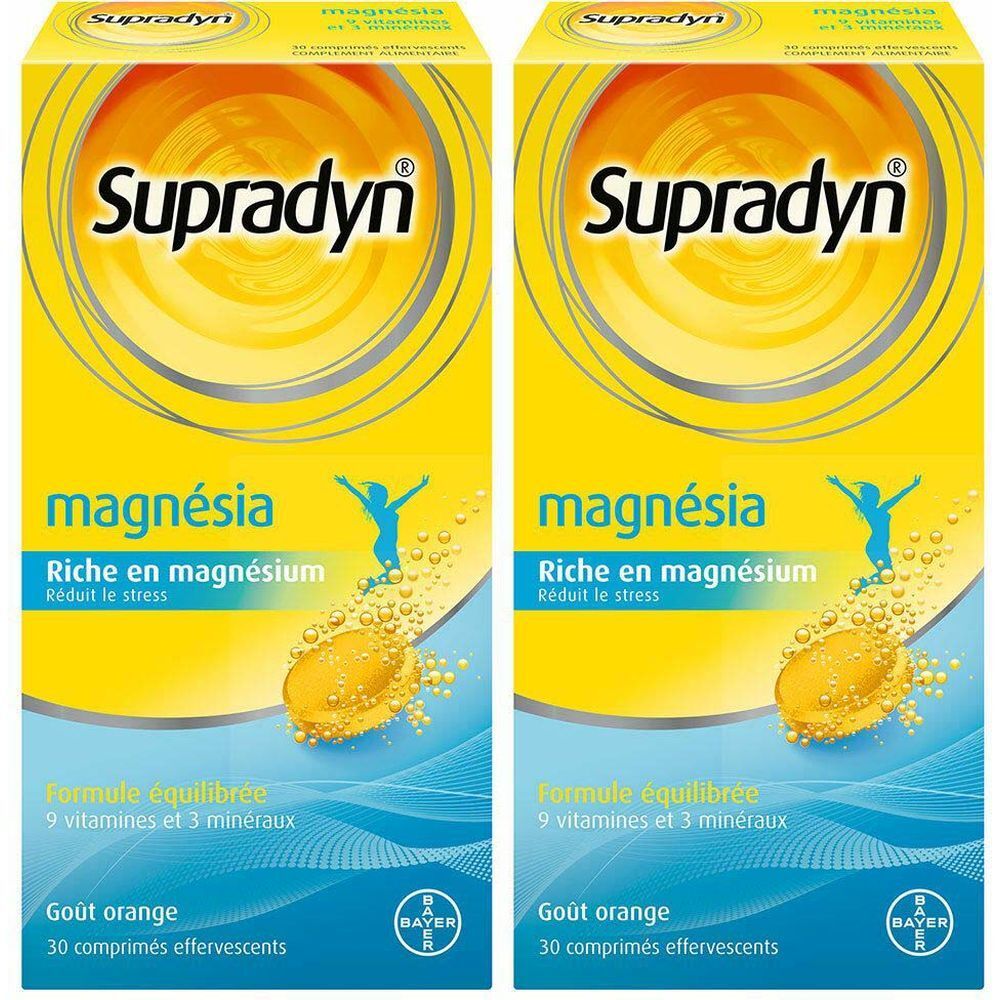 Deux boîtes jaunes "Supradyn magnésia". Contient 30 comprimés effervescents. Logo Bayer.