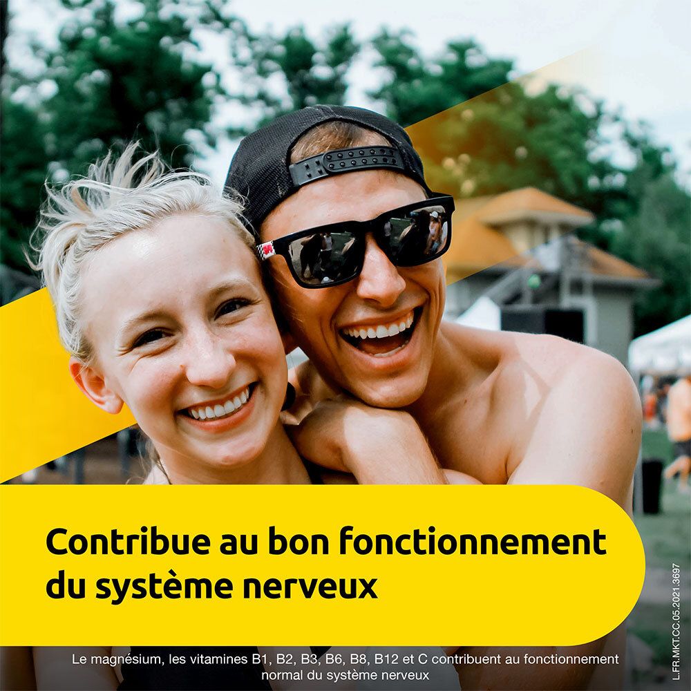 Deux personnes souriantes. Texte: "Contribue au bon fonctionnement du système nerveux".