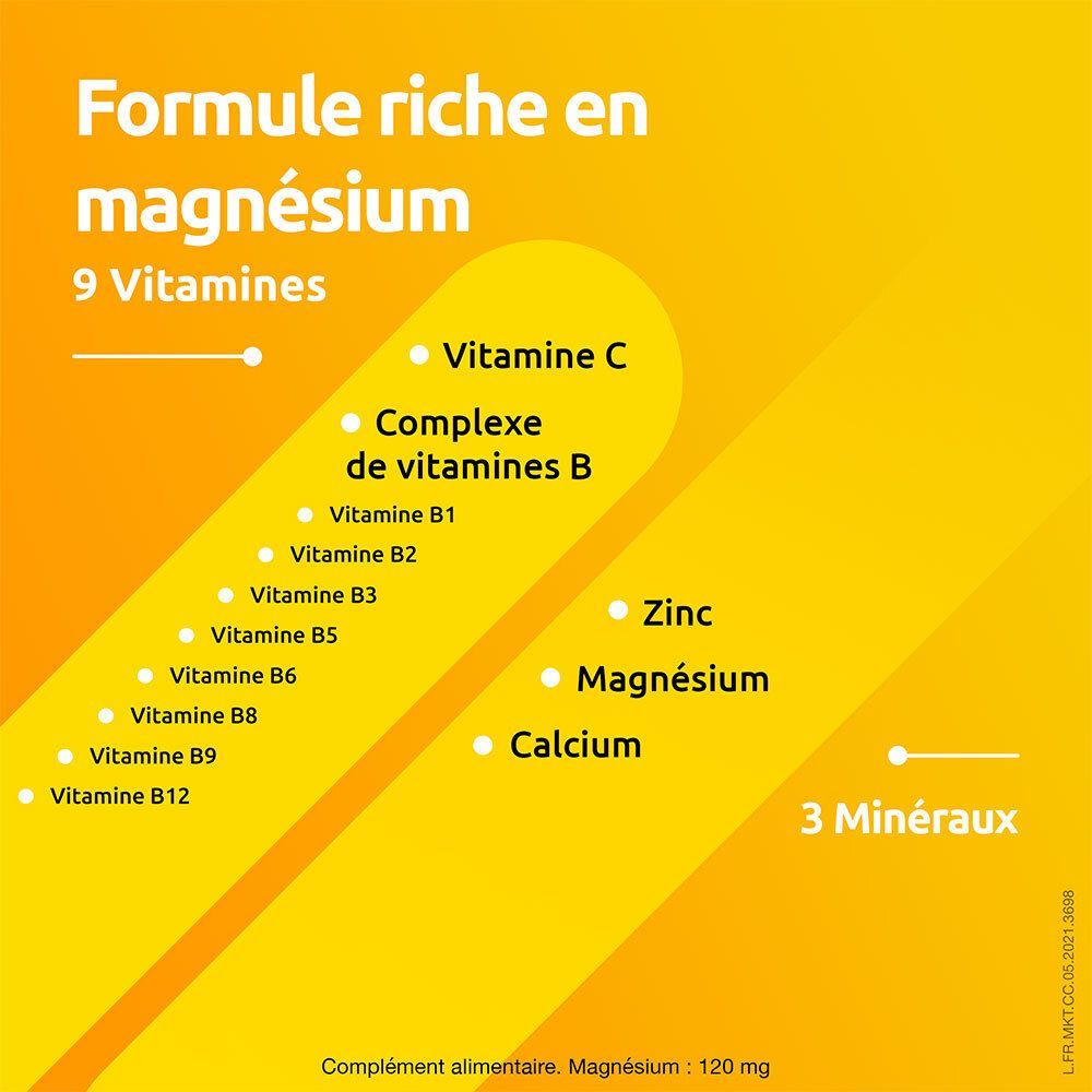 Liste de vitamines et minéraux. Texte: "Formule riche en magnésium".