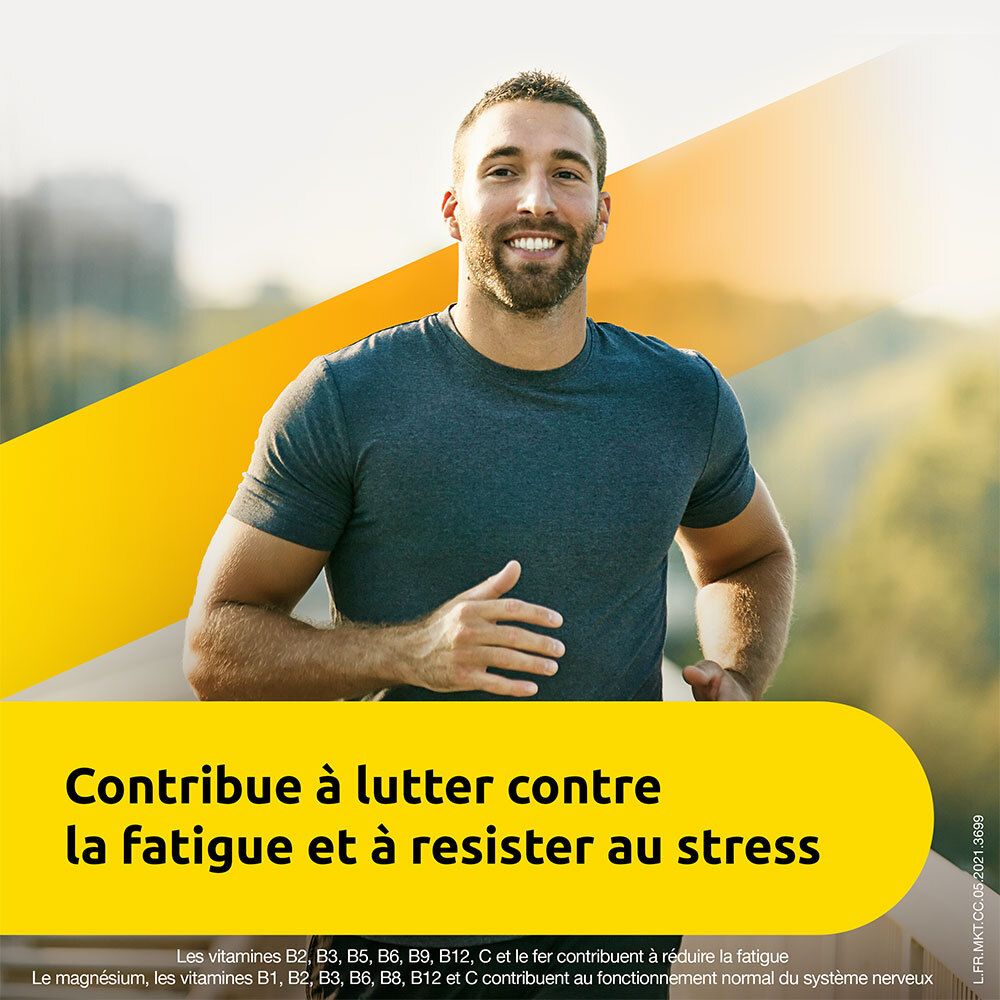 Homme courant. Texte: "Contribue à lutter contre la fatigue et à résister au stress".