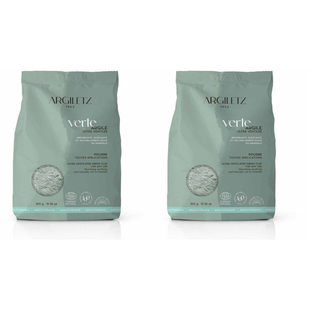 Zwei grüne Beutel mit der Aufschrift "ARGILEZ VERTE". Pulverförmige grüne Tonerde. Bio-Zertifizierung.