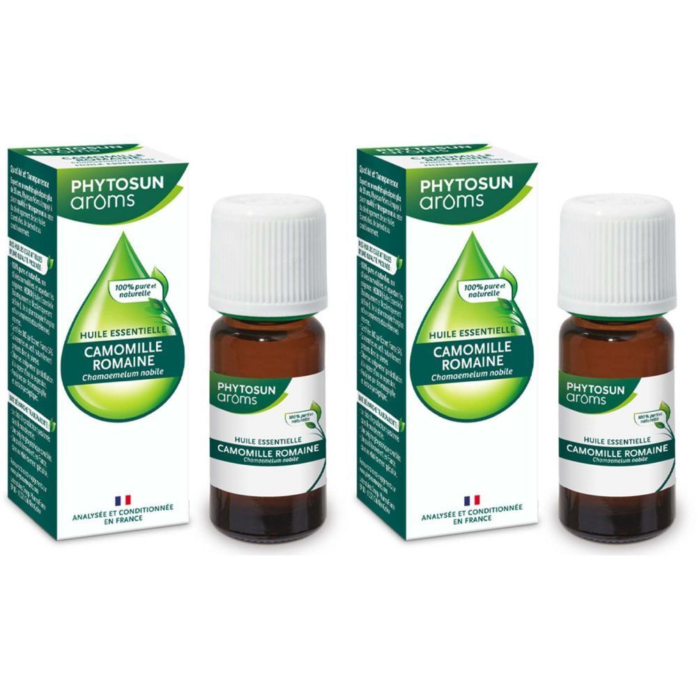 Zwei Flaschen ätherisches Öl mit Verpackung. Aufschrift: PHYTOSUN arôms, Kamille römisch. Flaschen aus braunem Glas, weiße Kappe.