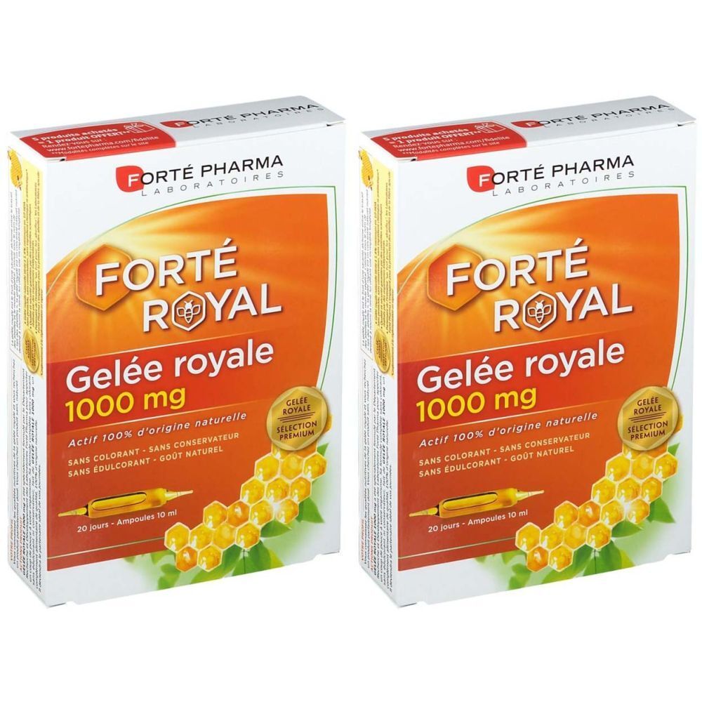 Zwei Schachteln Forté Royal Gelée royale 1000 mg. Weiße Verpackung mit orangefarbenem Hintergrund und Produktinformationen. Honigwaben-Design.