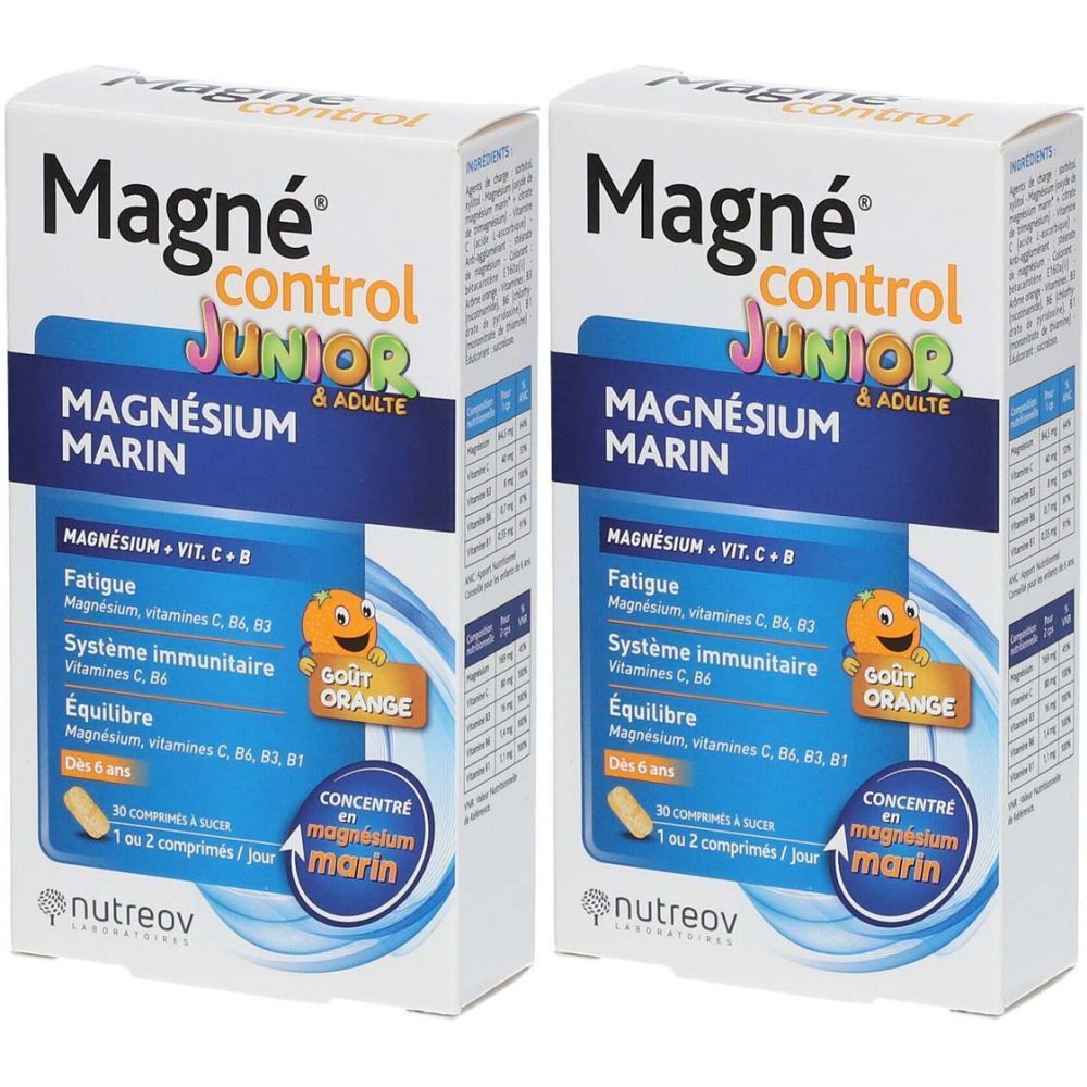 Zwei Schachteln Nutreov Magné Control Junior. Aufschrift: Magnesium Marin, Gout Orange. Enthält Magnesium, Vitamine C, B.