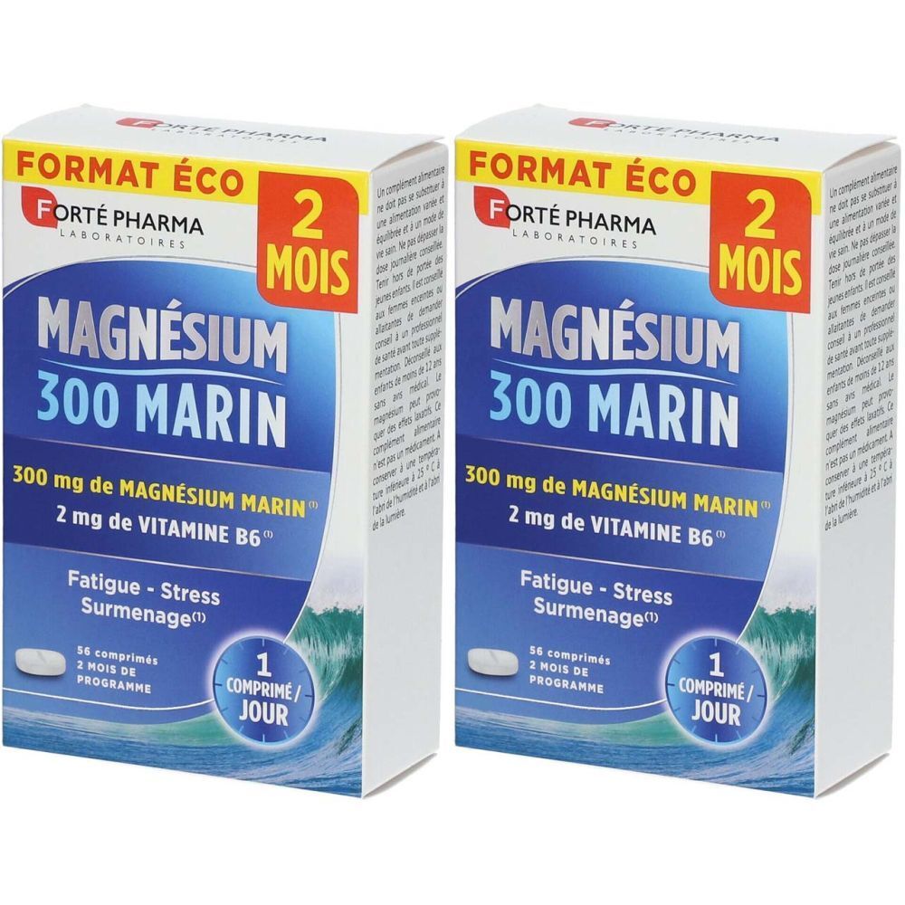 Deux boîtes de Forté Pharma Magnésium 300 Marin. Emballage bleu avec texte blanc. Contient 300 mg de magnésium marin et vitamine B6.