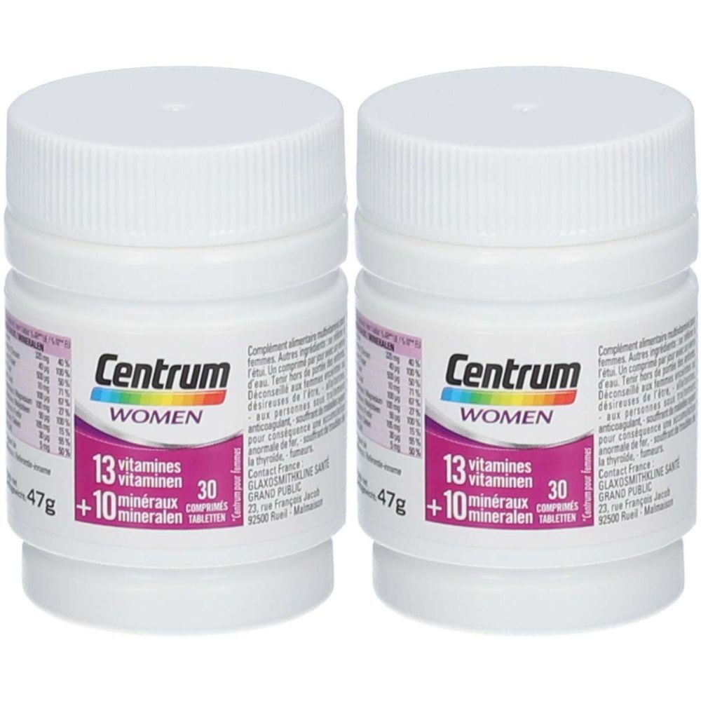 Deux flacons blancs "Centrum WOMEN". L'étiquette indique "13 vitamines + 10 minéraux" et "30 comprimés".