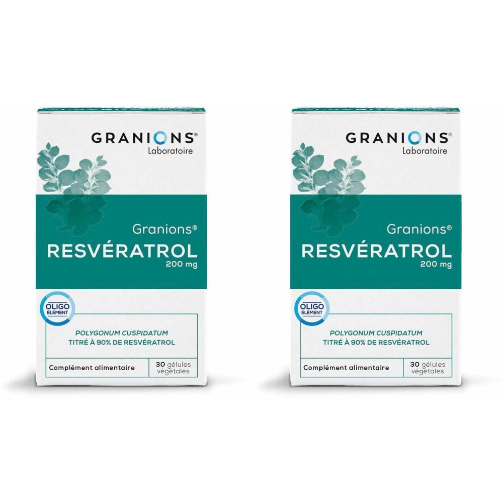 Deux boîtes de GRANIONS Resvératrol 200 mg. Sur chaque boîte, "Complément alimentaire" et "30 gélules végétales" sont visibles.