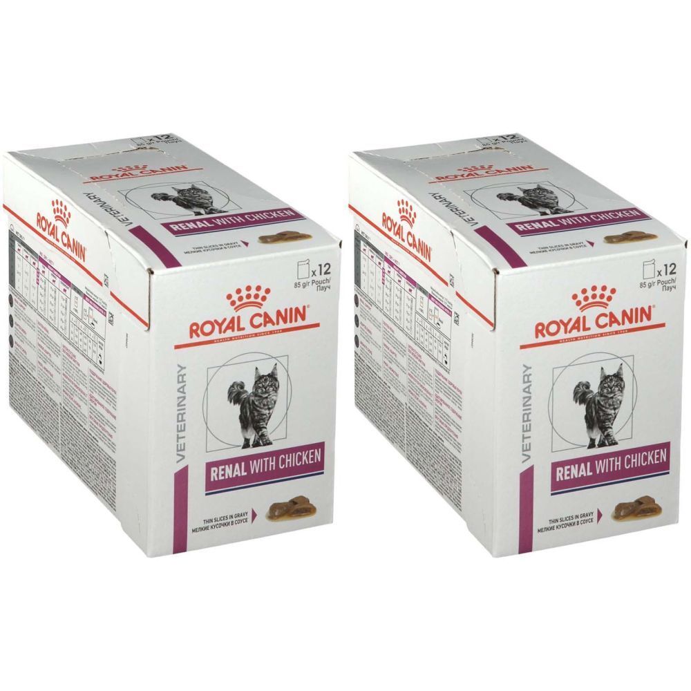 Deux boîtes ROYAL CANIN Renal Chat Poulet. Inscriptions: chat, texte, logo. Emballage de 12 sachets.