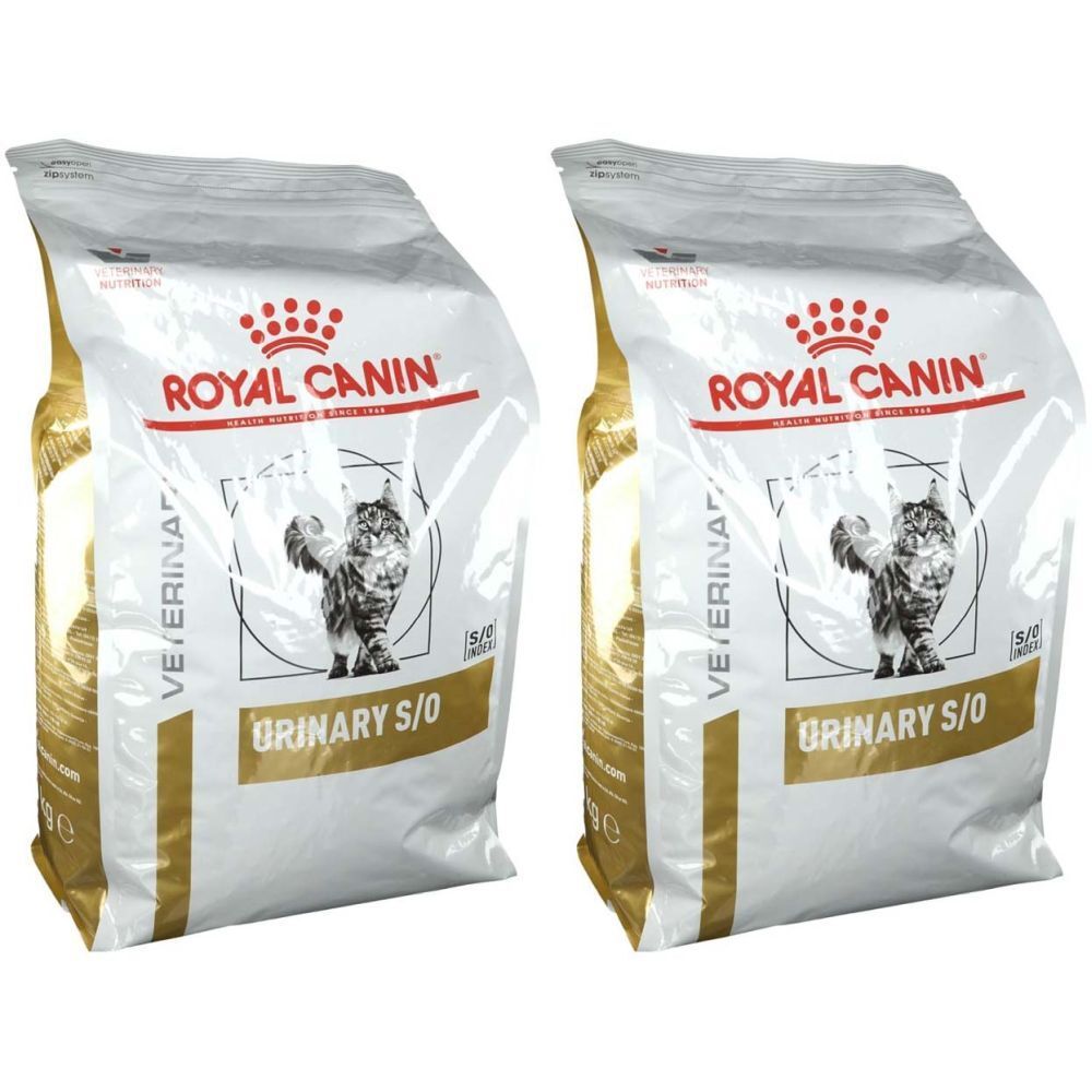 Zwei Beutel ROYAL CANIN® Urinary S/O Katzenfutter. Weiß-goldene Verpackung mit Logo, Katze und Produktbezeichnung.