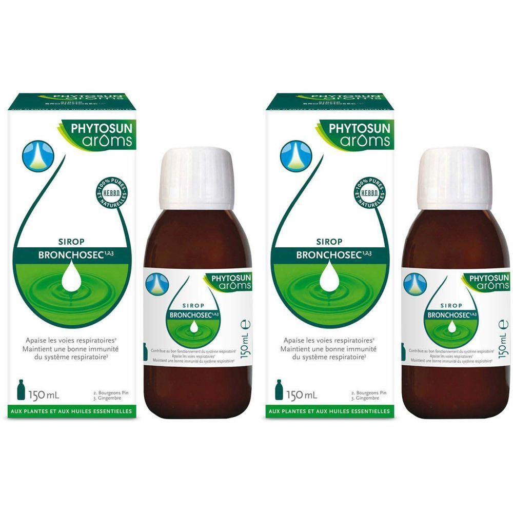 Drei Flaschen und Verpackungen. Aufschrift: PHYTOSUN arôms, SIROP BRONCHOSEC. Grüne und weiße Verpackung.